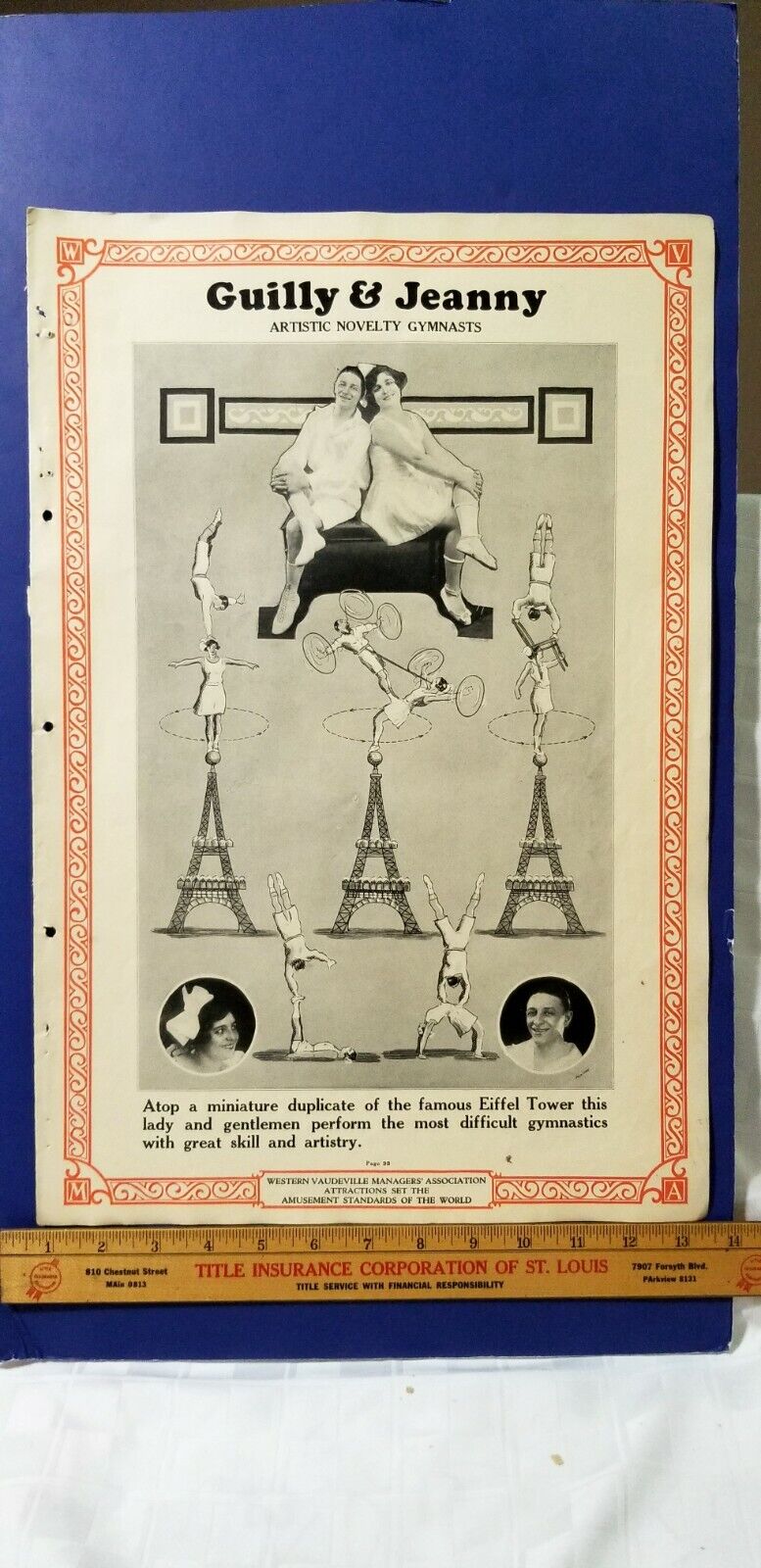 Antique 1926 Vaudeville Act Poster GUILLY & JEANNY Eiffel Tower Gymnasts B6