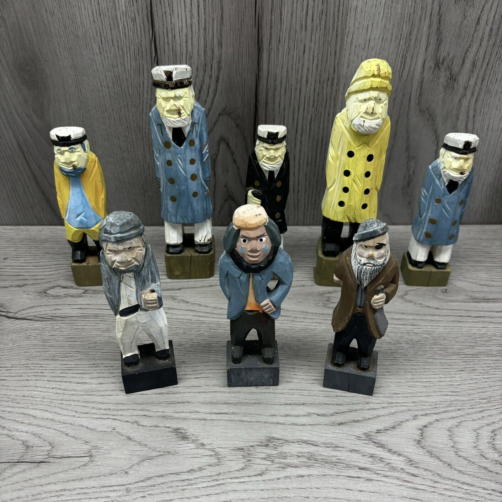 Vintage Fisherman Captain Pirate Carved Painted Wooden Figurines Set Of  8 READ
