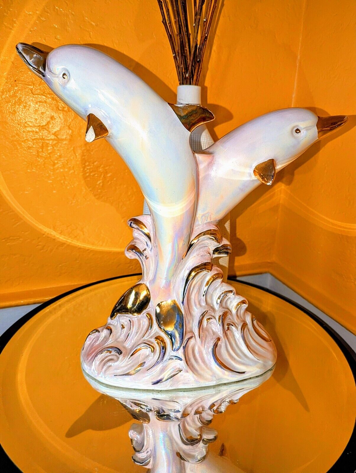 Vintage Porcelain Dolphin Statue Sculpture Glossy Iridescent Finish 