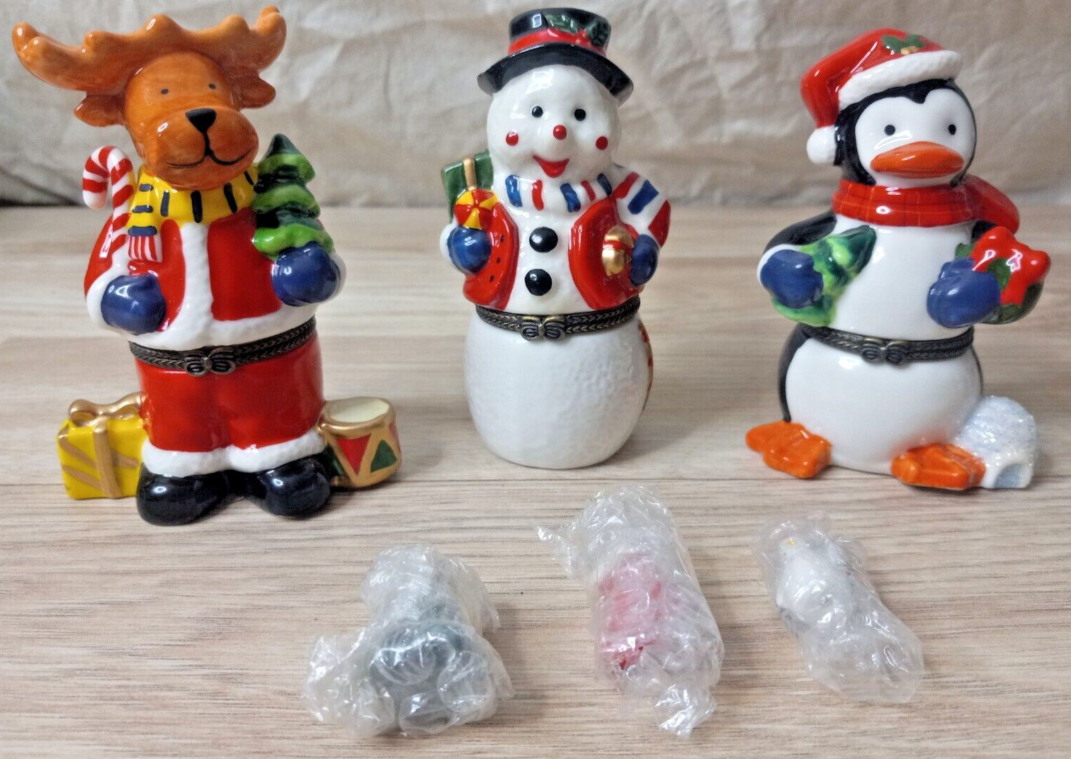 3x Porcelain Trinket Box & Trinket Reindeer Snowman Penguin Christmas