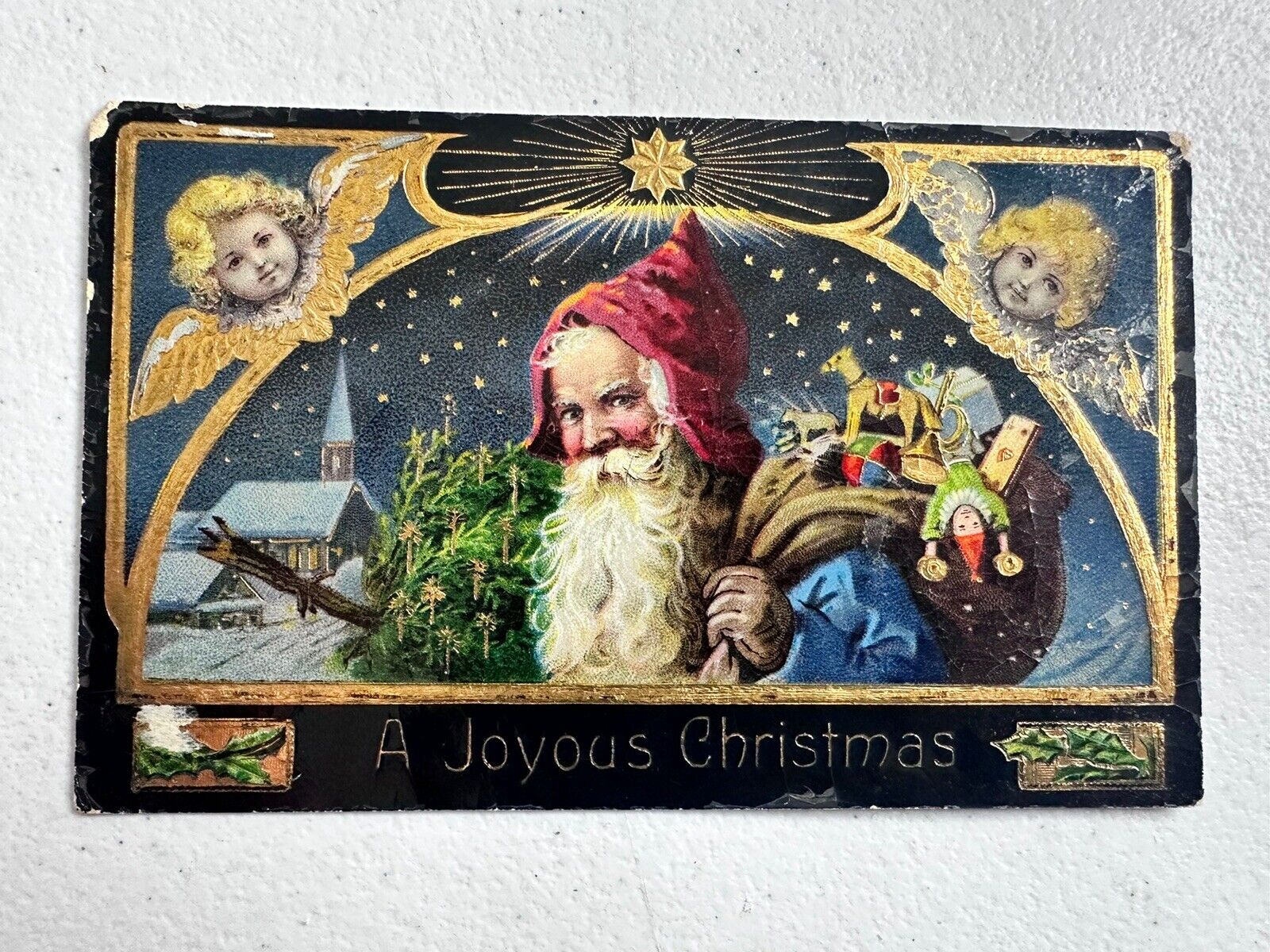 Rare Blue Coat Santa 1911 Christmas Postcard, Angels & Gold Stars, Collectible