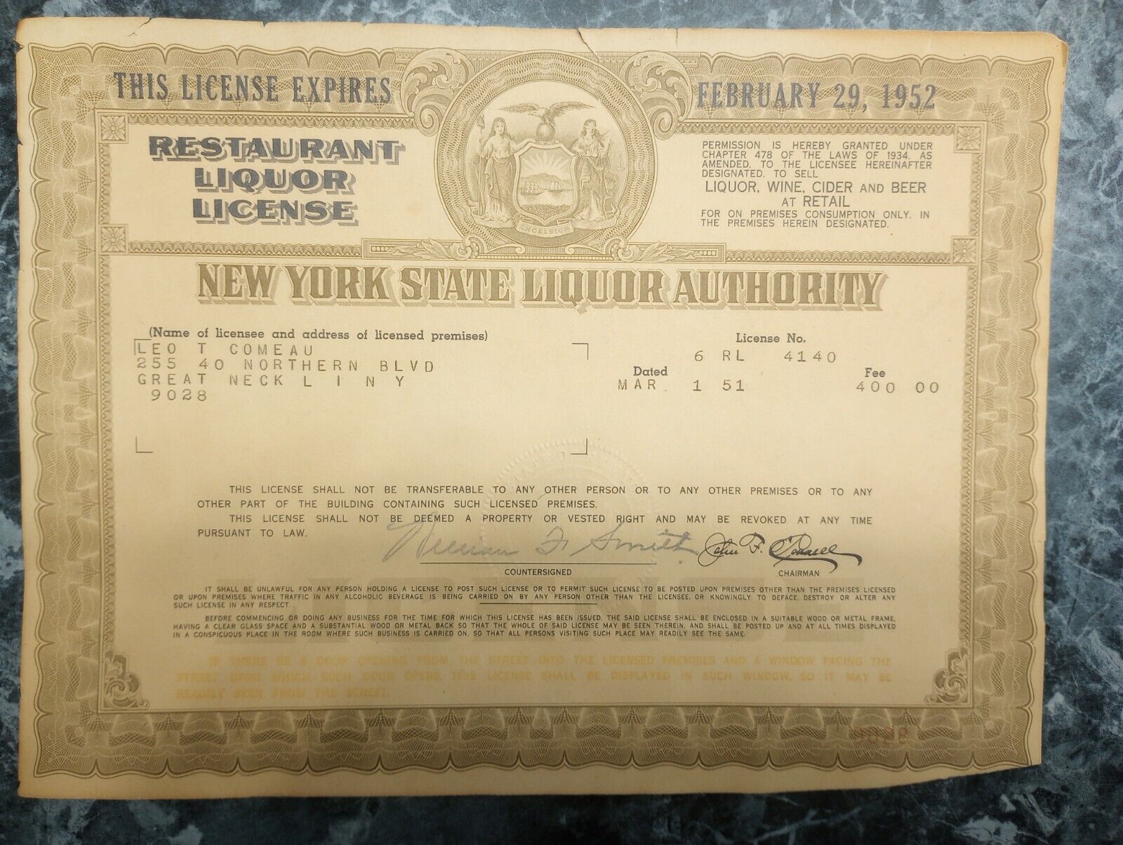 1952 New York State liquor license