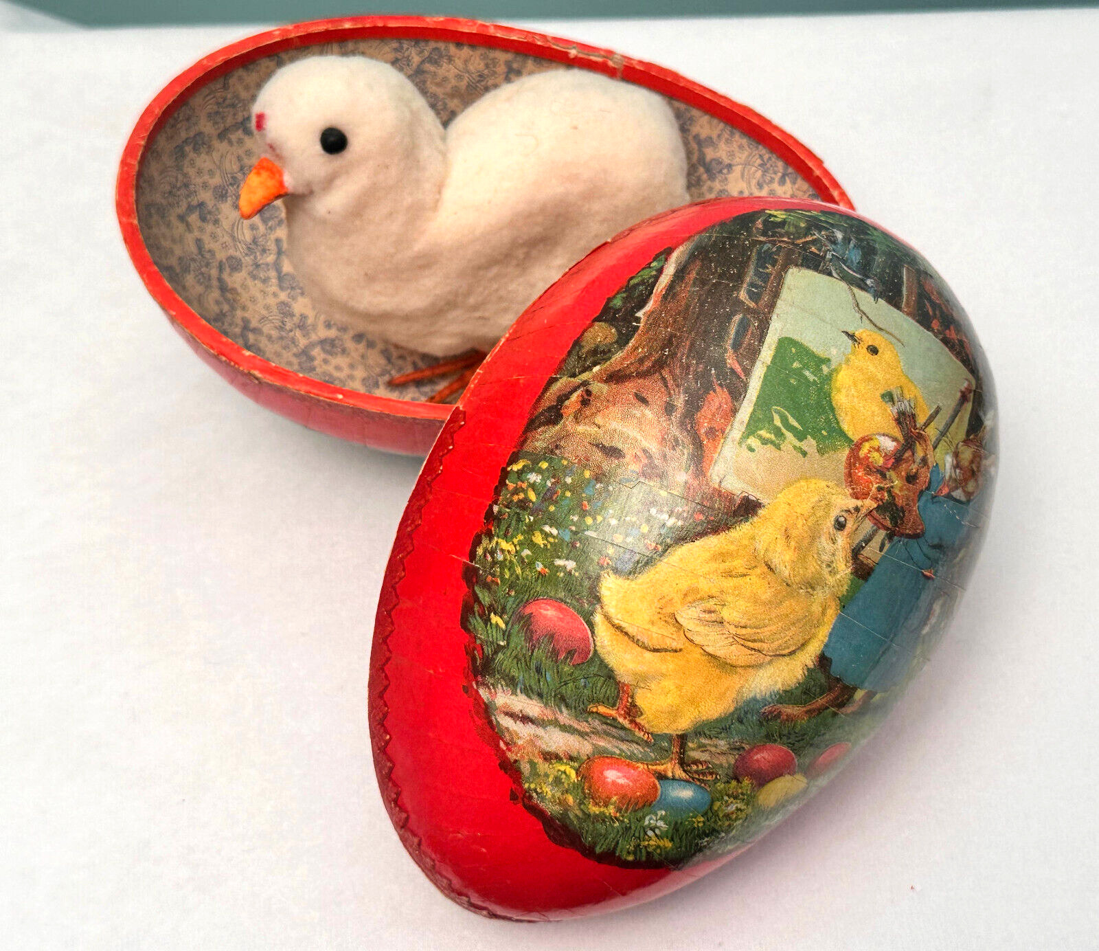 ANTIQUE GERMAN EASTER EGG CANDY CONTAINER & SPUN COTTON CHICK LARGE