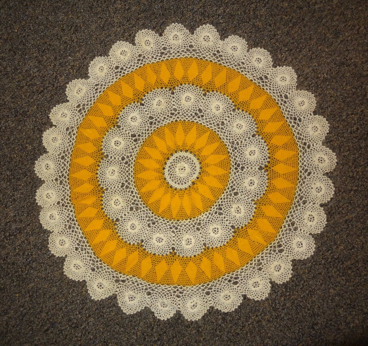 Vintage Crocheted Round Doily Orange/Beige Scalloped Edge 18\