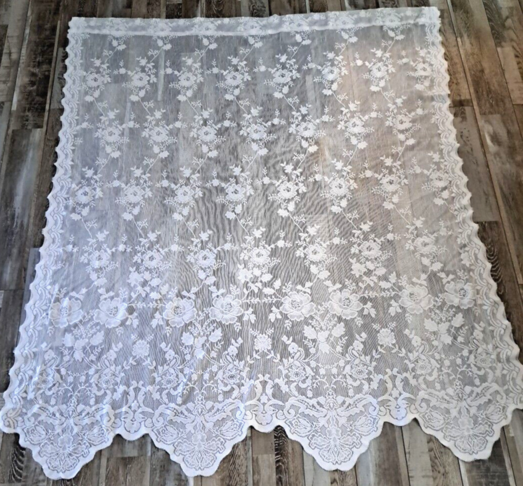 Vintage White Lace Curtain Panel Floral Roses Scalloped Edge Cottage 62x54
