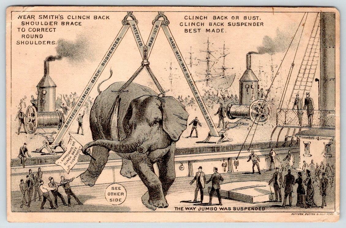1880'S SMITH'S CLINCH BACK SUSPENDERS*JUMBO ELEPHANT*P T BARNUM TESTIMONIAL