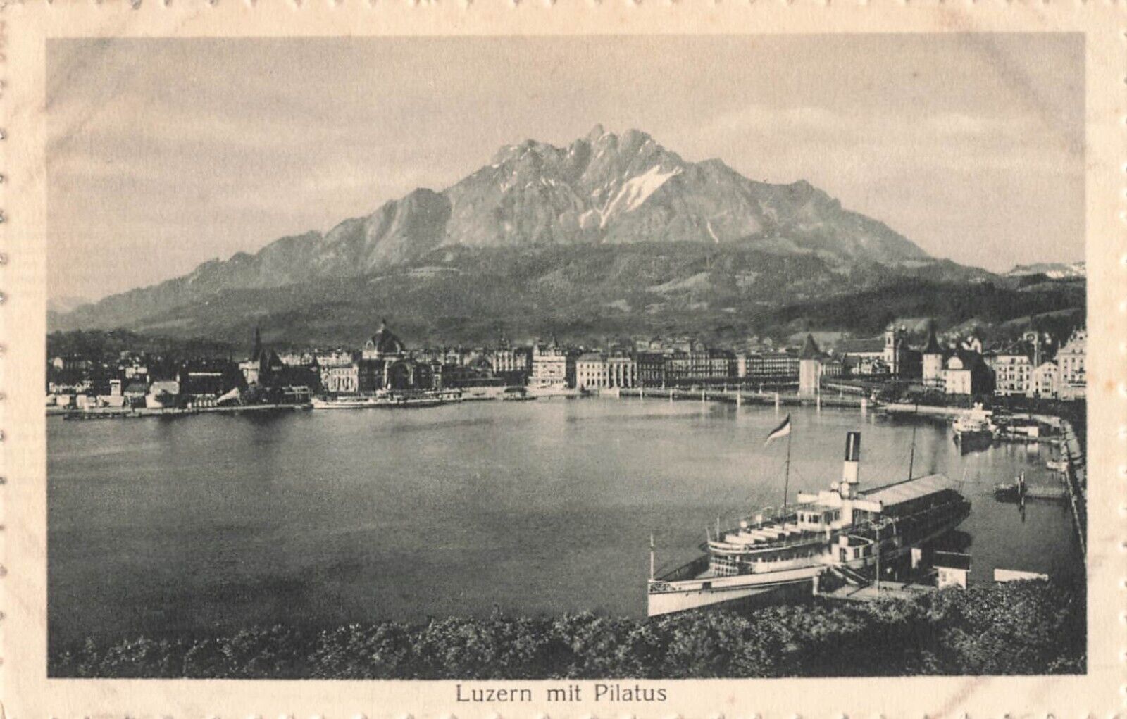 1920 Era Luzern mit Mount Pilatus Boat Ship Dock 5.5x3.5