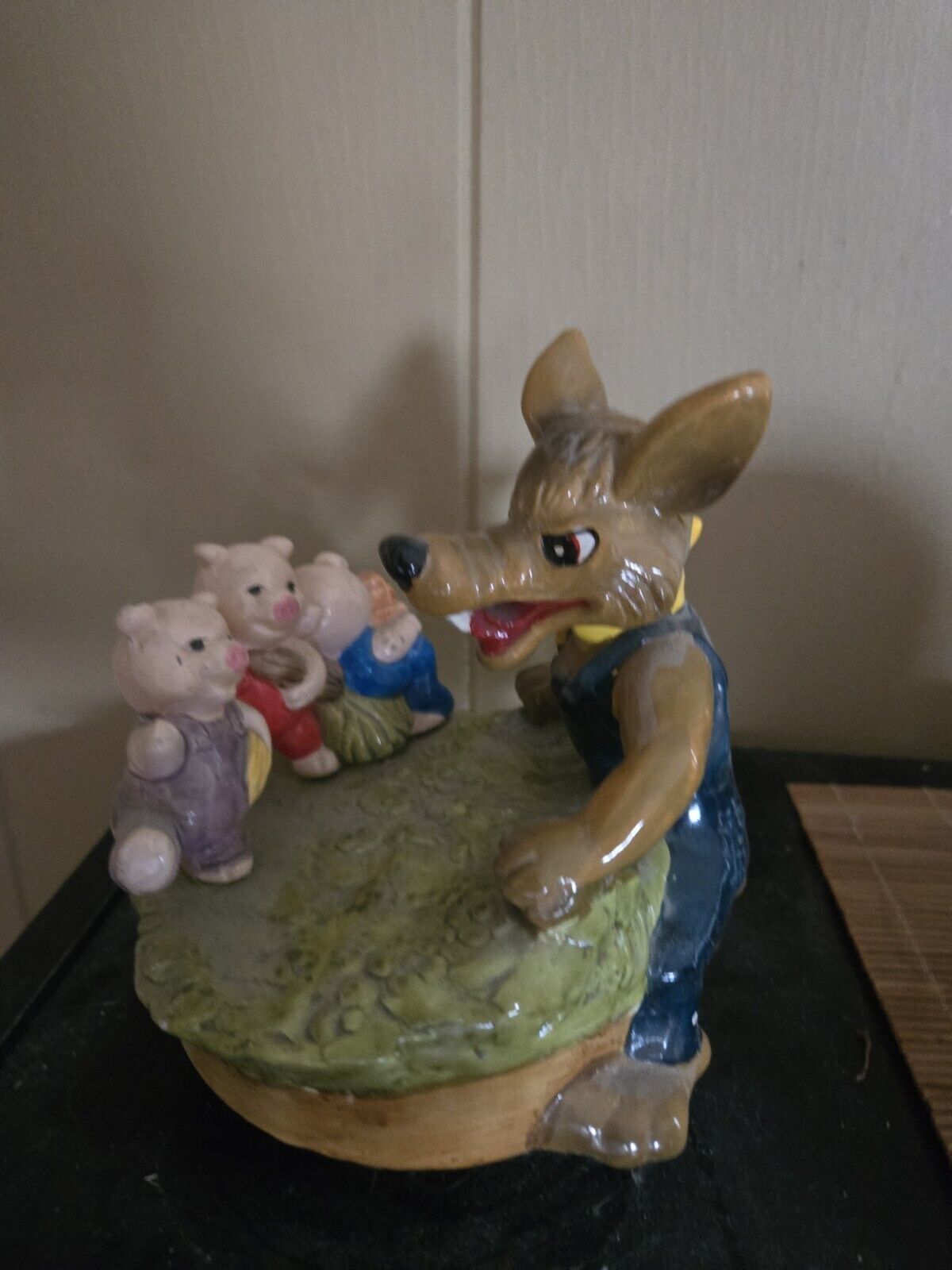Vintage Aldon “The Three Little Pigs & Big Bad Wolf” Ceramic Figural Music Box