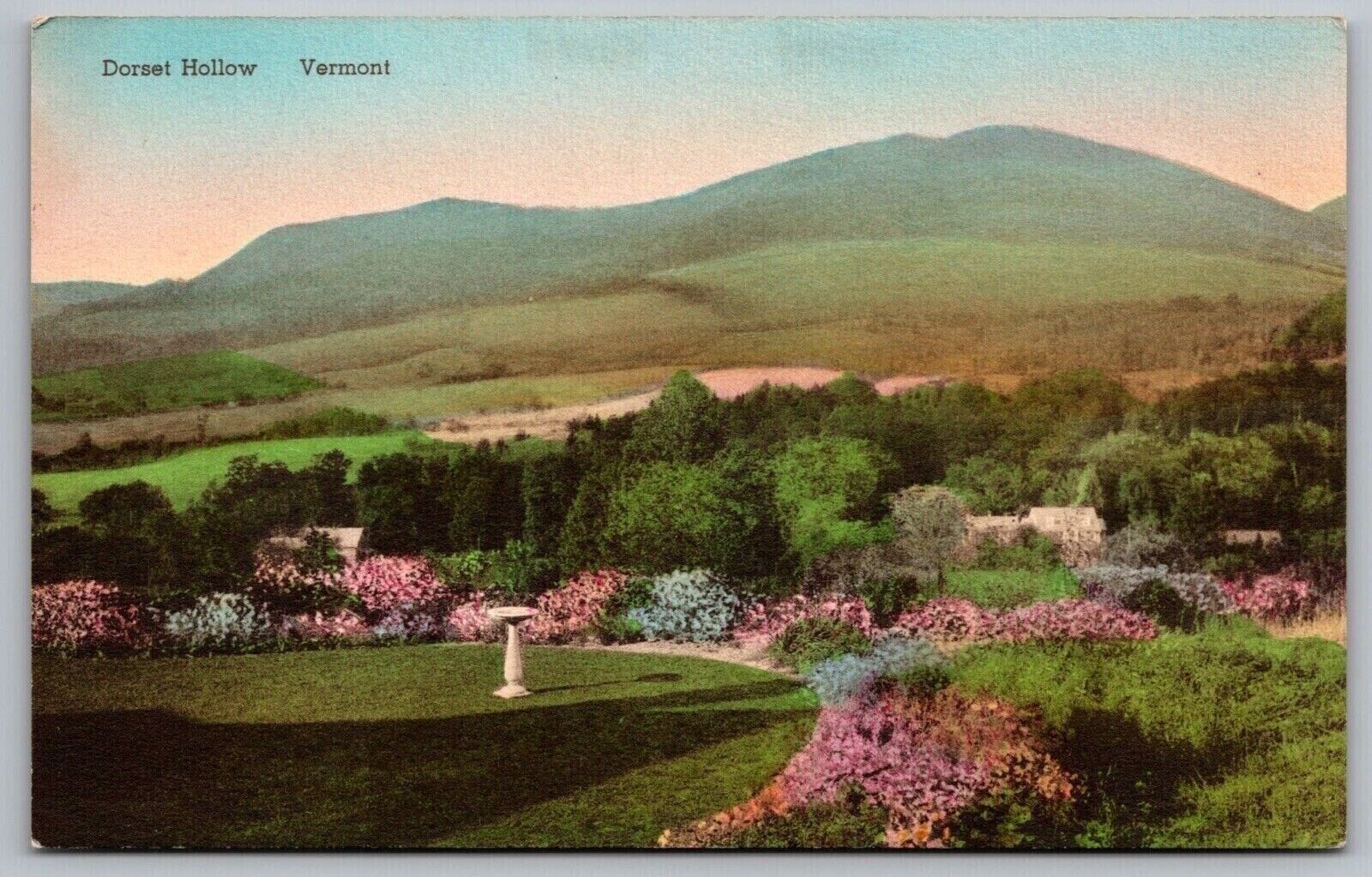 Dorset Hollow Vermont Flower Garden Bird Bath Mountains Forest VNG UNP Postcard