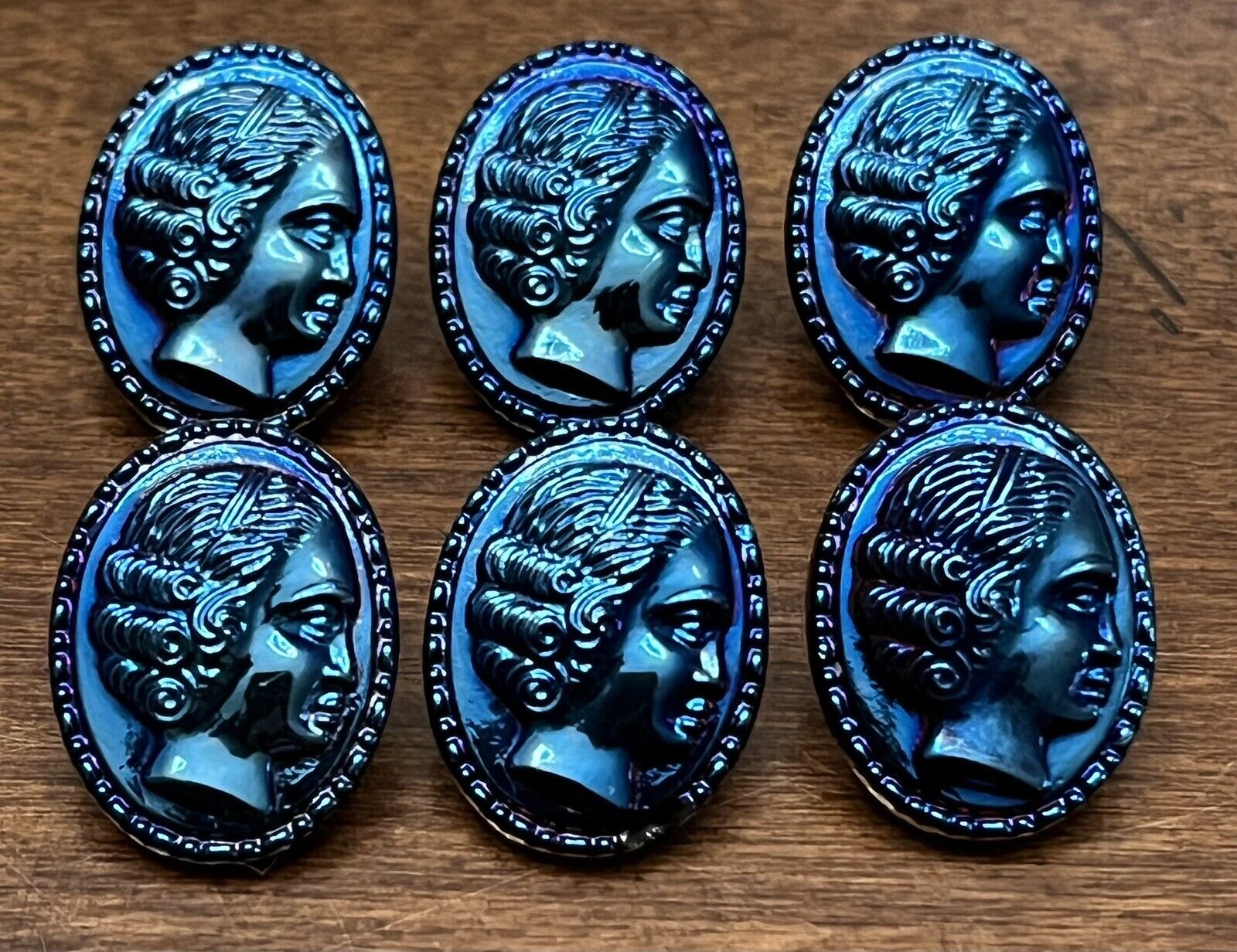 Vintage Set of 6 CAMEO Blue & Purple Luster/Black Glass Buttons - 11/16\