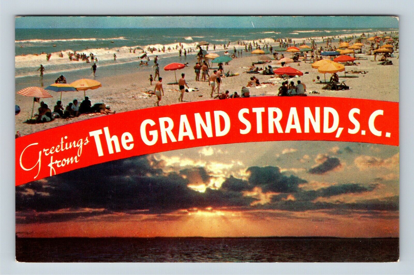 View Banner Greetings, Beach, Sunrise, Grand Strand SC, Vintage Postcard
