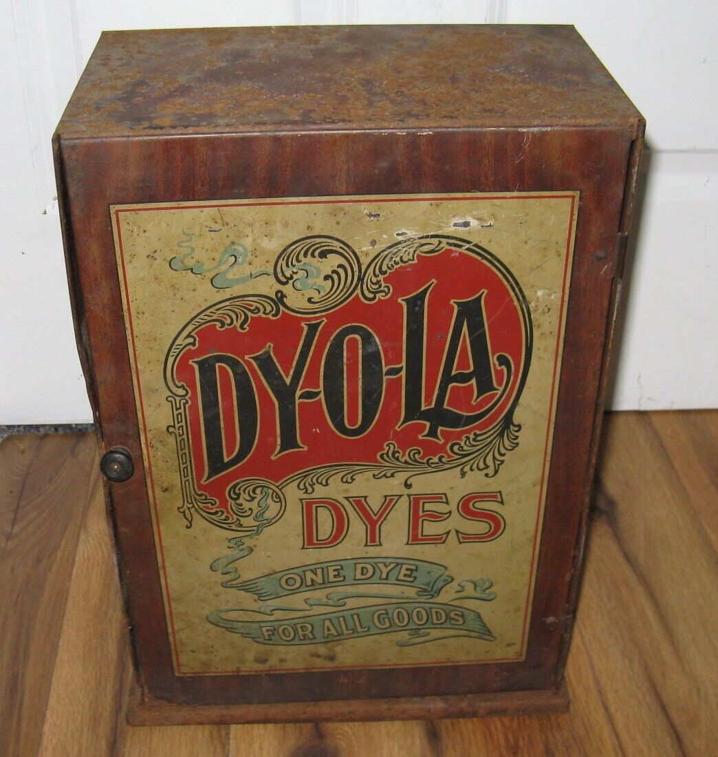 Antique Metal Dy-O-La General Store Advertising Display Dye Cabinet with Dyes