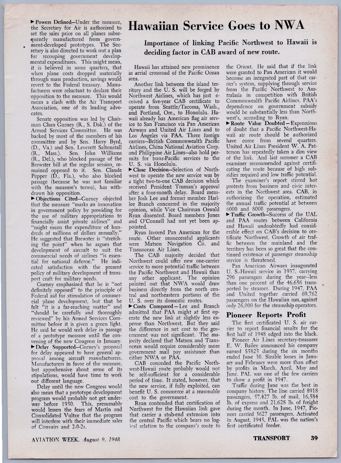 1948 Aviation Article - New Northwest Airlines Service To Hawaii Islands Pacific