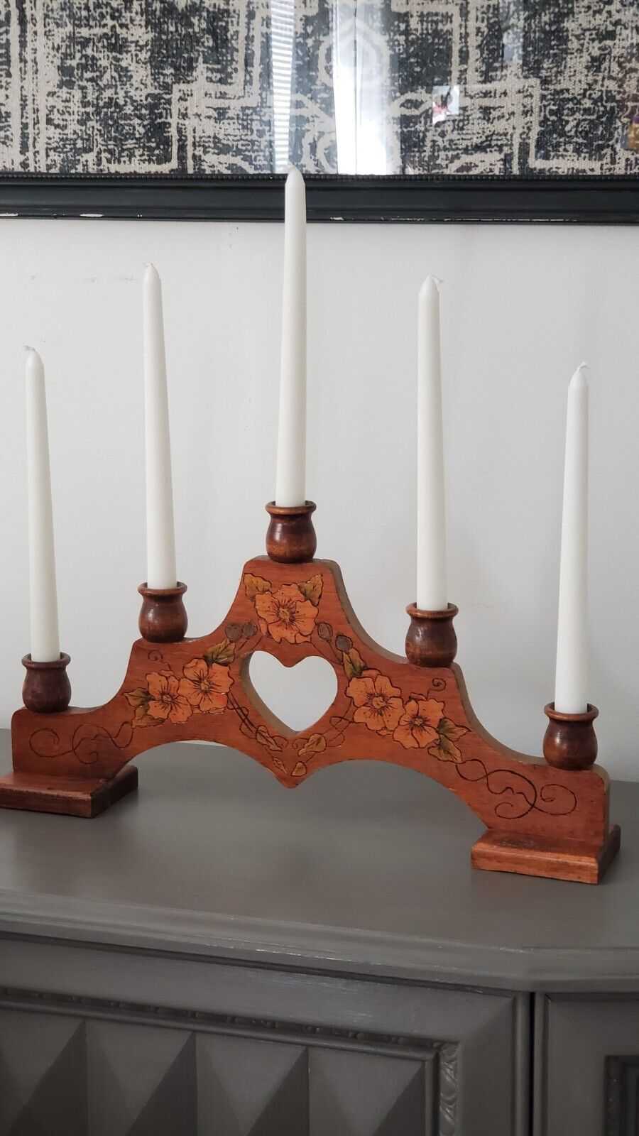 Beautiful Large Wooden 5 Candleabra w/Colored Wood Burned Flower Vines.
