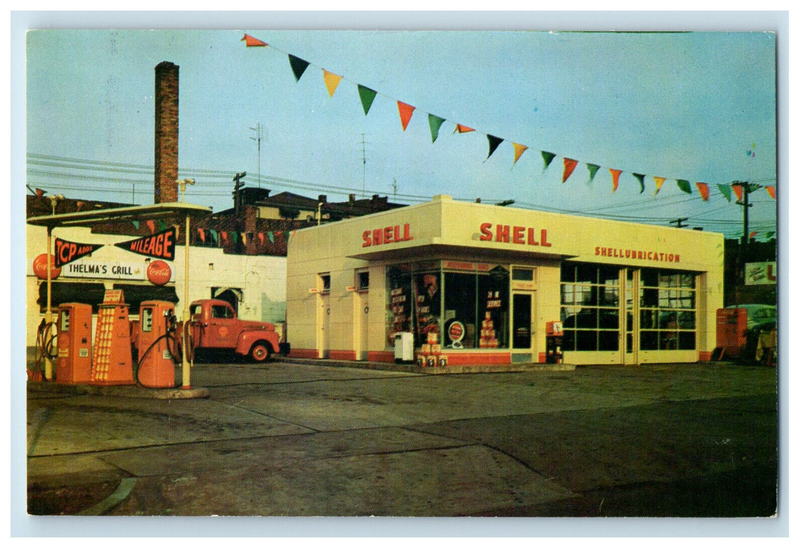 c1950s Bob Sosbe's Shell Service, Downtown Crawfordsville Indiana IN Postcard
