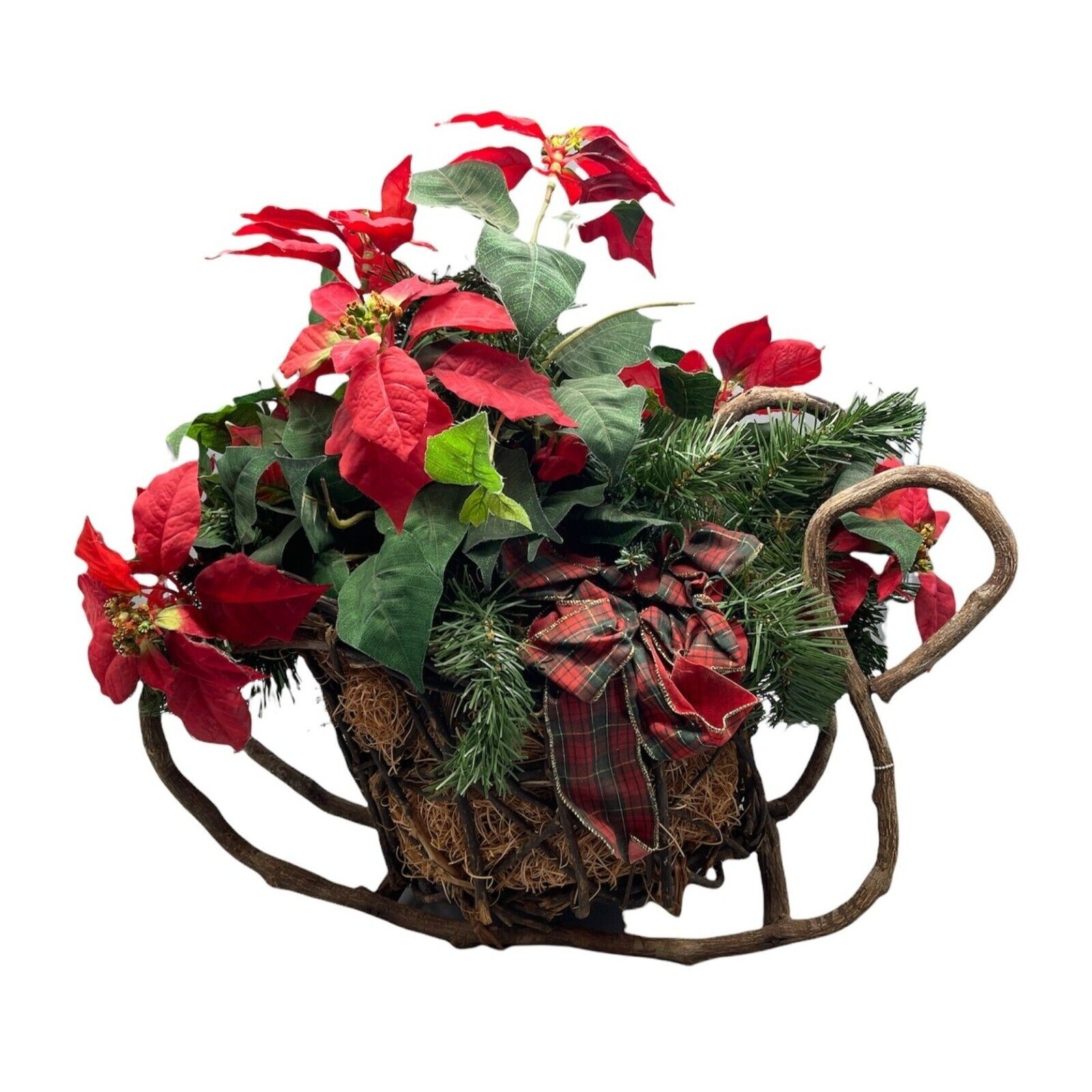 vintage Christmas holiday decor basket slay poinsettia plaid bows foe plant READ