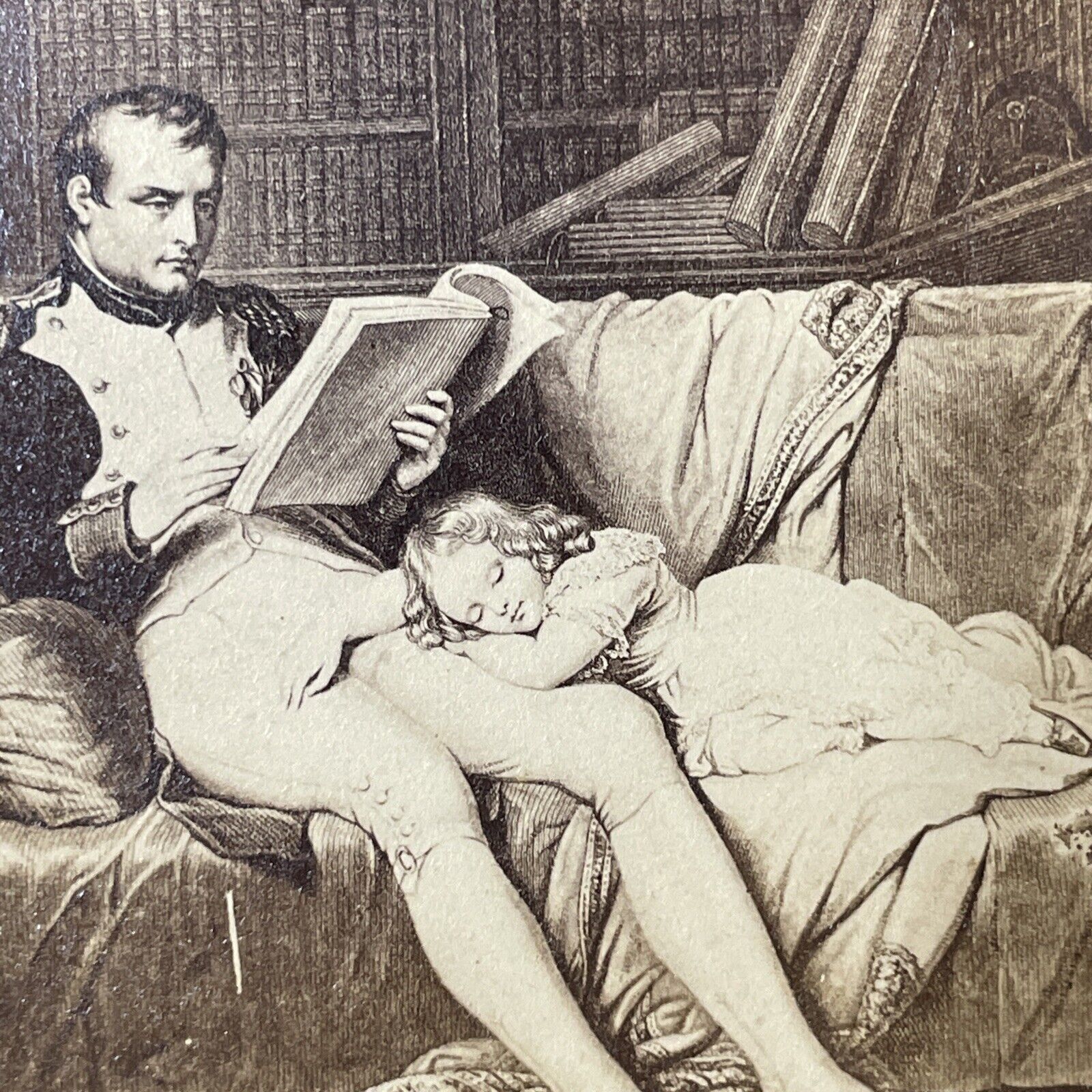 Antique 1860s Napoleon Bonaparte Reads To Child Etching Photo CDV Card V2231