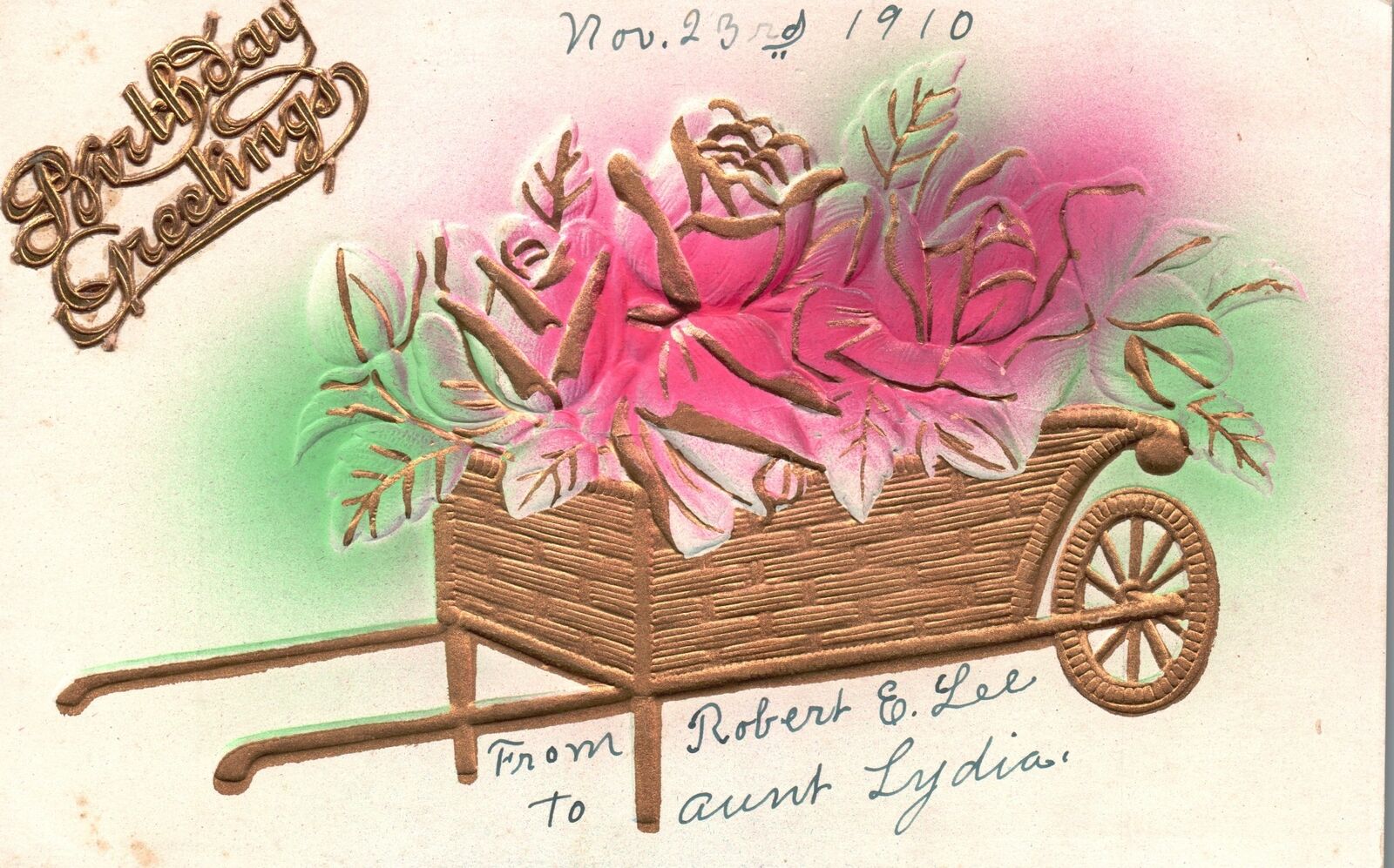 Vintage Postcard Birthday Greetings Flower Cart Natal Day Special Celebration