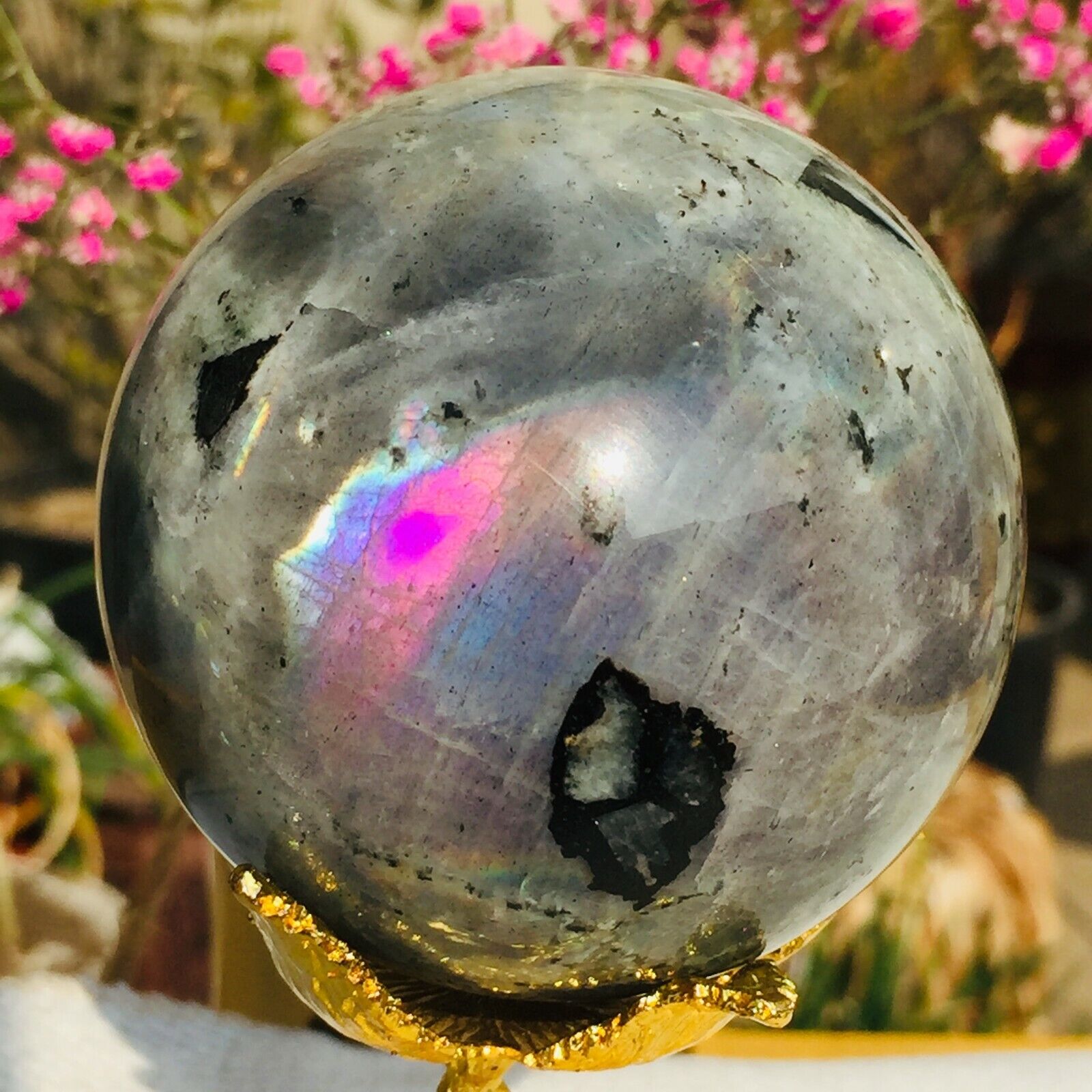 405g Natural Purple Labradorite Quartz Crystal Sphere Ball Mineral Healing