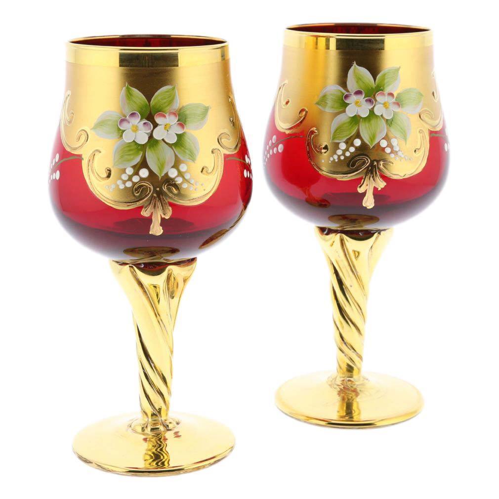 GlassOfVenice Set of Two Murano Glass Wine Glasses 24K Gold Leaf - Red