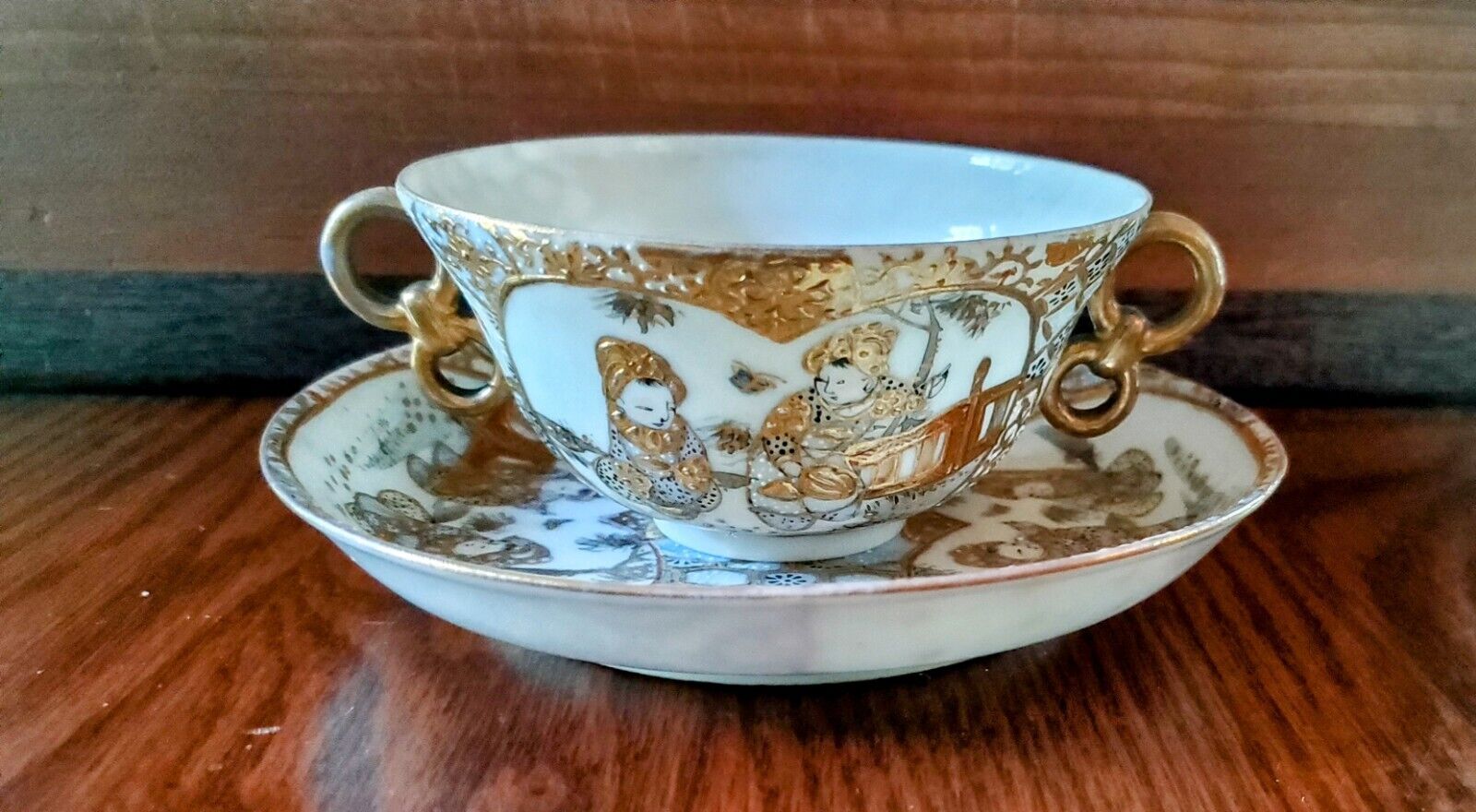 Vintage Japanese Satsuma Teacup Or Bouillon Cup And Saucer Gold Accents