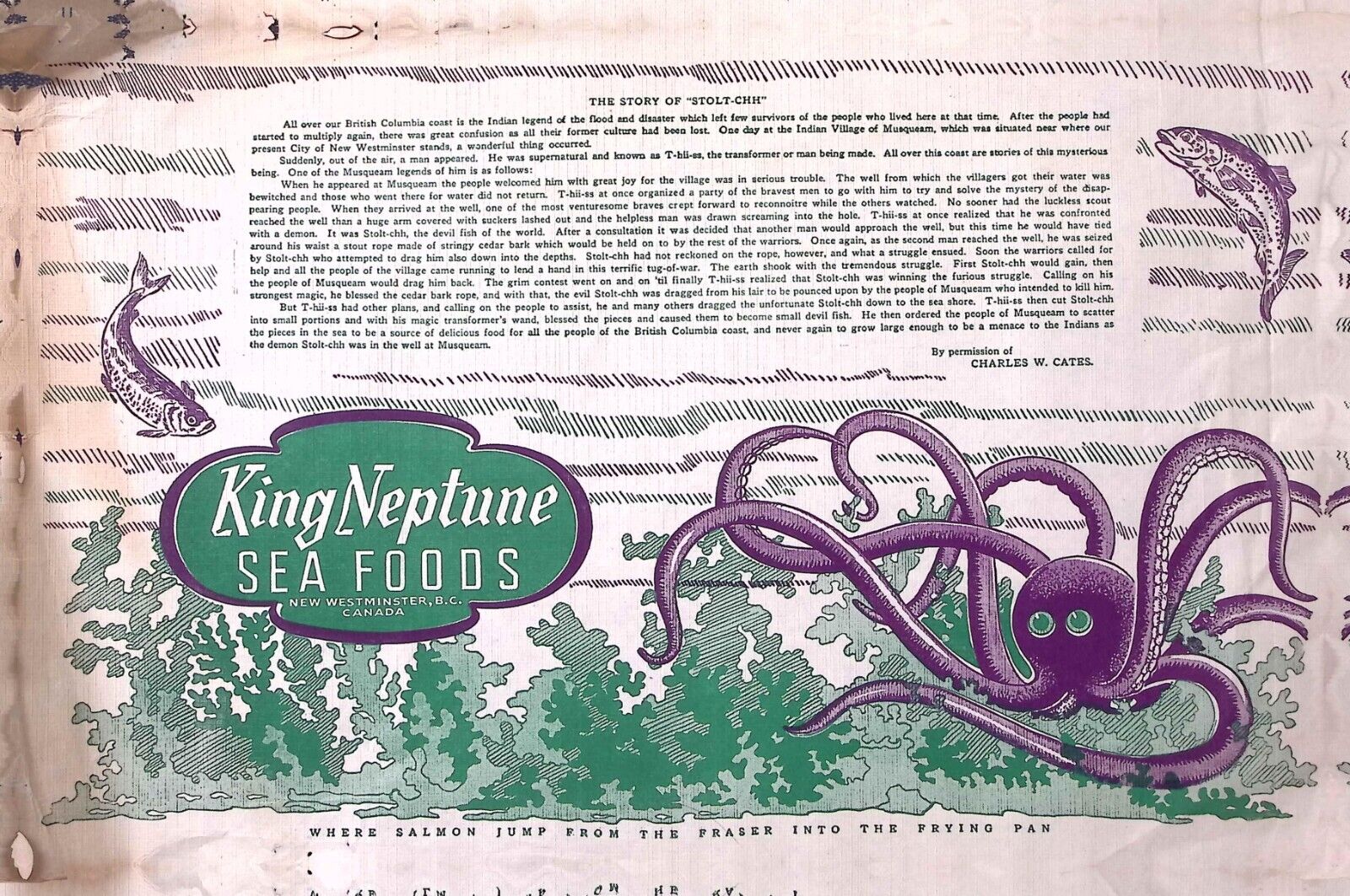 1950s KING NEPTUNE SEA FOODS NEW WESTMINSTER B.C. ADVERTISING PLACEMAT MENU W63