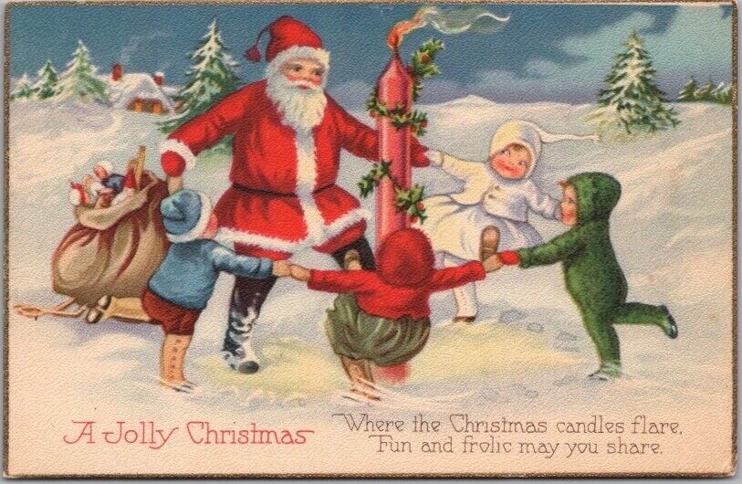 Vintage 1910s MERRY CHRISTMAS Postcard SANTA CLAUS & Kids Dancing STECHER 1135D