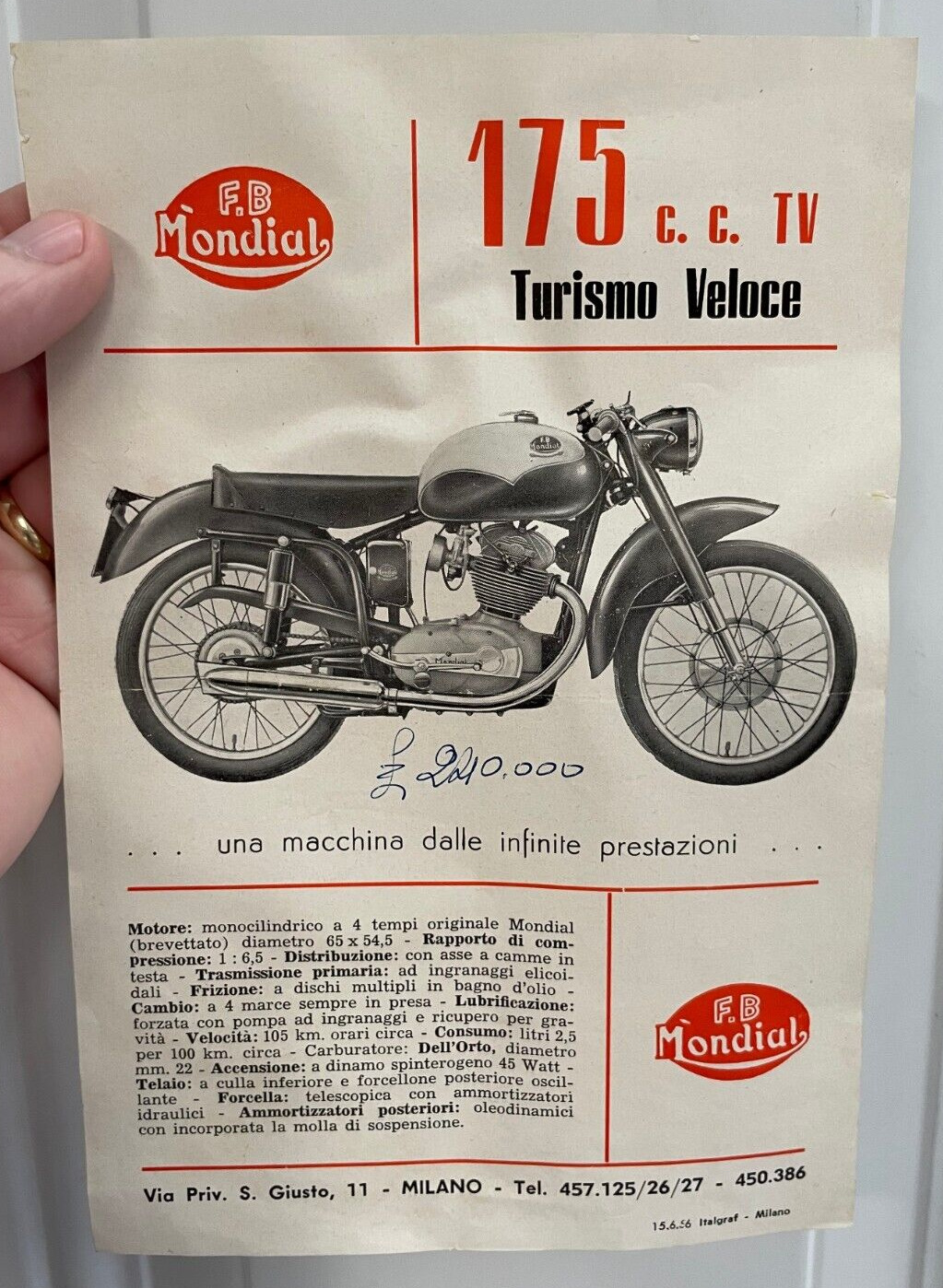 1950\'s F.B Mondial 175 C.C. Turismo Veloce Motorcycle Store Flyer? Advertisement