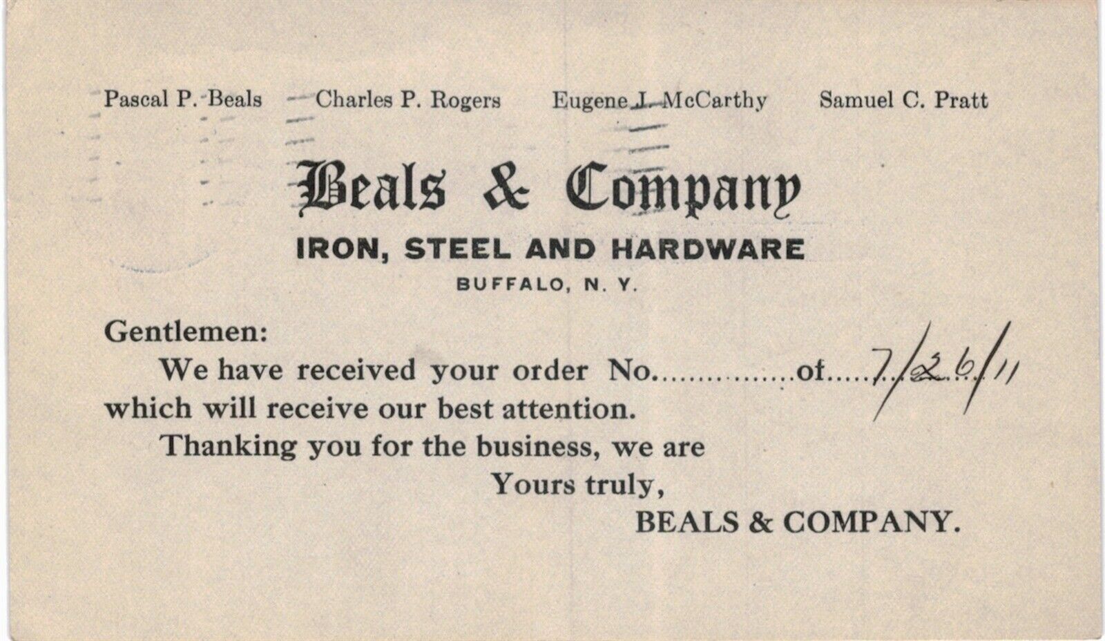 Buffalo Beals & Company Iron Steel Hardware Order Acknowledgment 1910 NY 