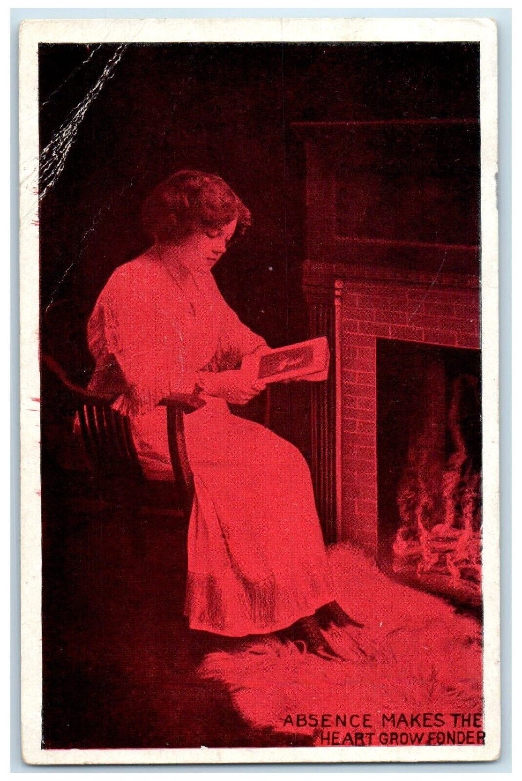 1913 Woman Fireplace Absence Makes The Heart Grow Fonder High Point NC Postcard
