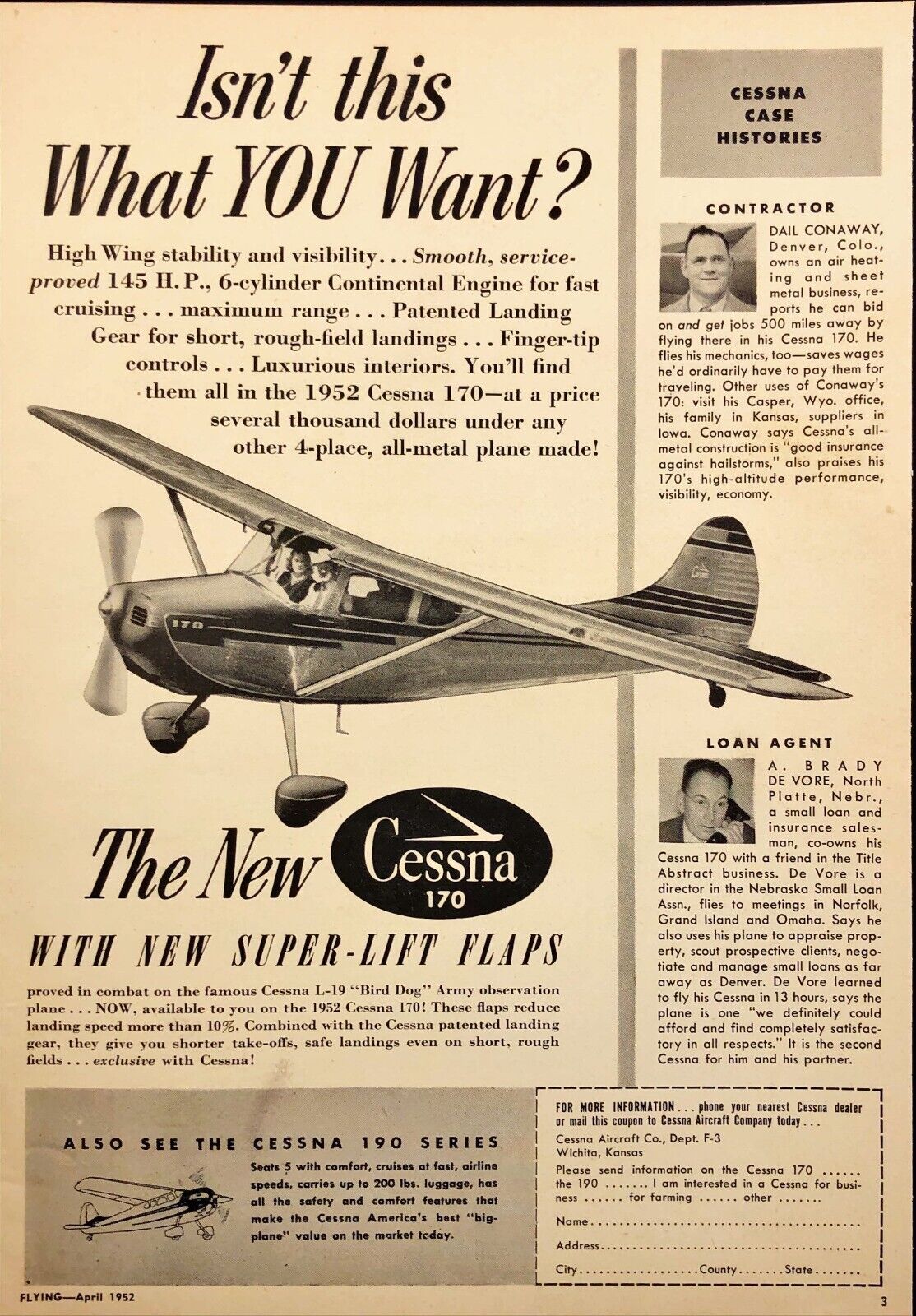 Cessna 170 Aircraft Pilot Super-Lift Flaps Wichita KS Vintage Print Ad 1952