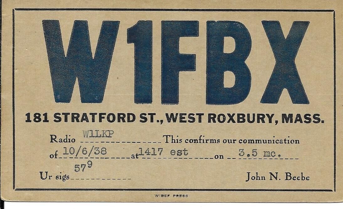QSL  1938 West Roxbury MA   radio card