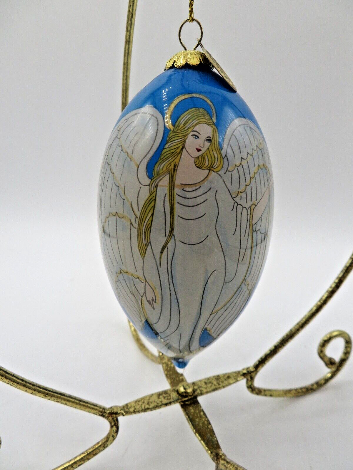 Pier 1 Li Bien Reverse Painted Blue White Angel Long Glass Ornament w Dove 2016
