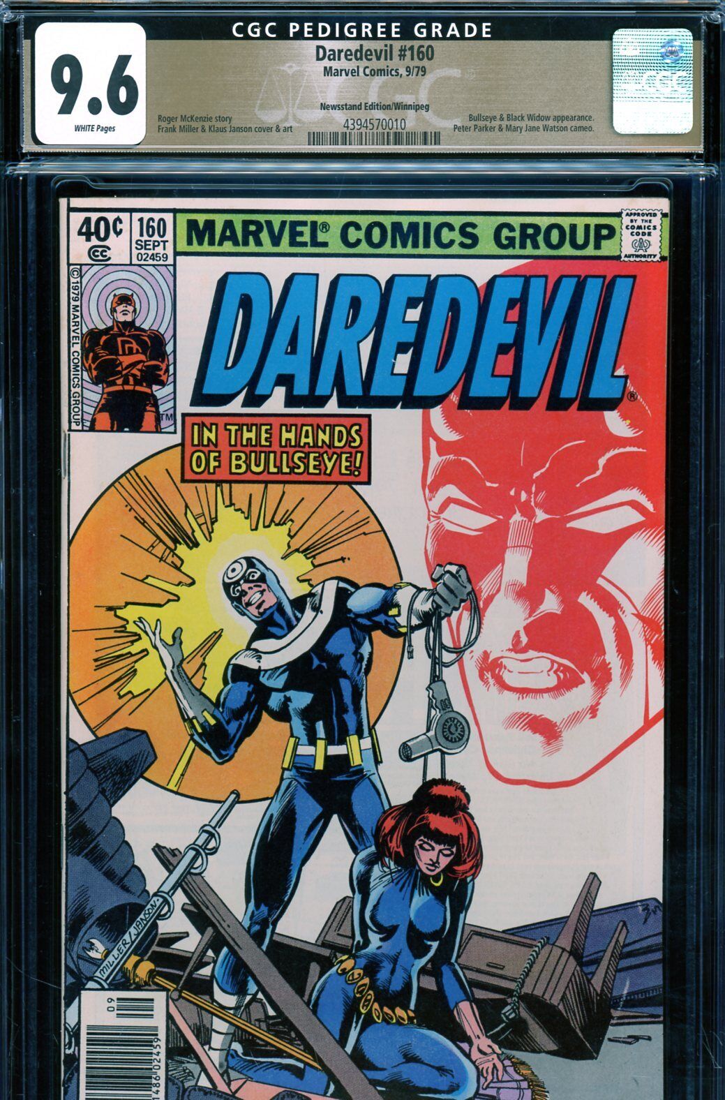 Daredevil #160 CGC 9.6 - PEDIGREE NEWSSTAND EDITION - Bullseye/Black WIdow story