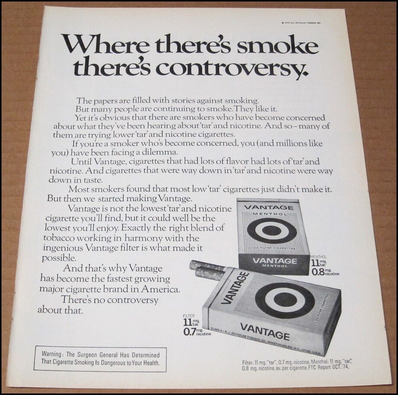 1975 Vantage Cigarettes Print Ad Vintage Advertisement Menthol 8.25x10.75\