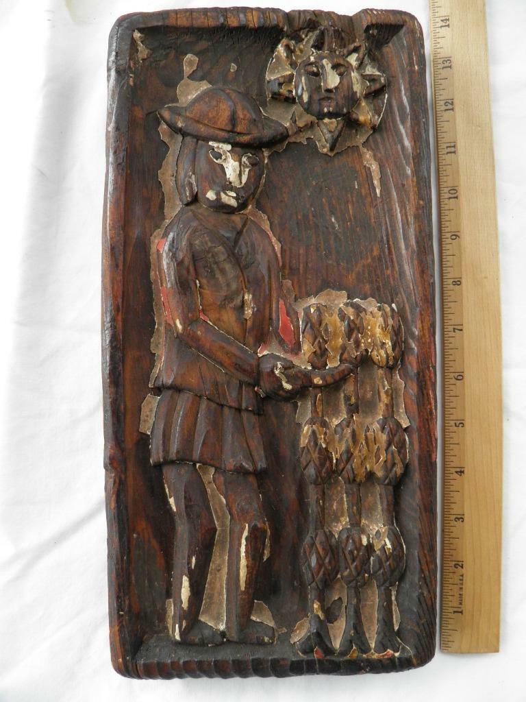 ANTIQUE 18TH.C. CARVED WOODEN WHEAT FARMER IMAGE HOUSE ENTRY PLAQUE