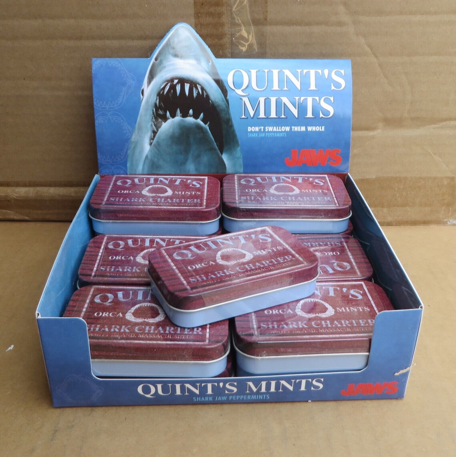 QUINT\'S MINTS JAWS ORCA Peppermint Shark Charter Jaw Candies in Collectible Tin