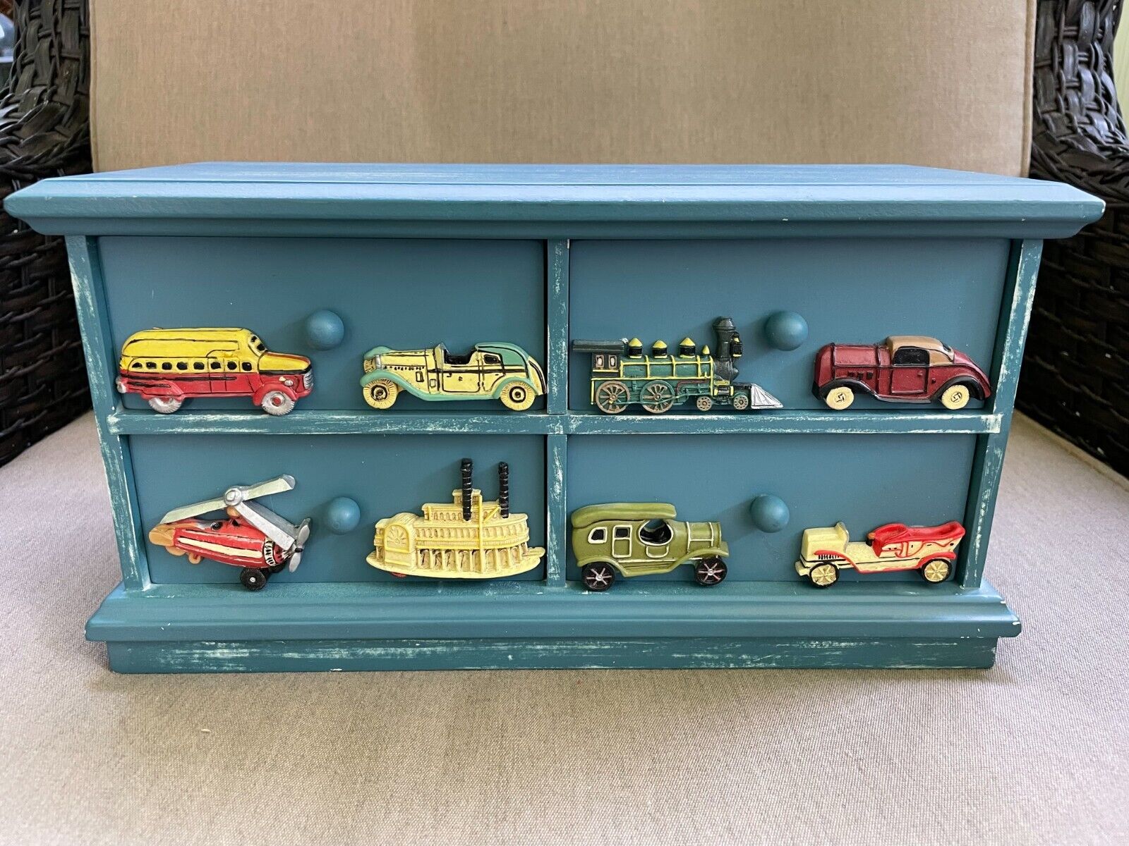 wood transportation theme storage drawers chest old cars train airplane bus boat