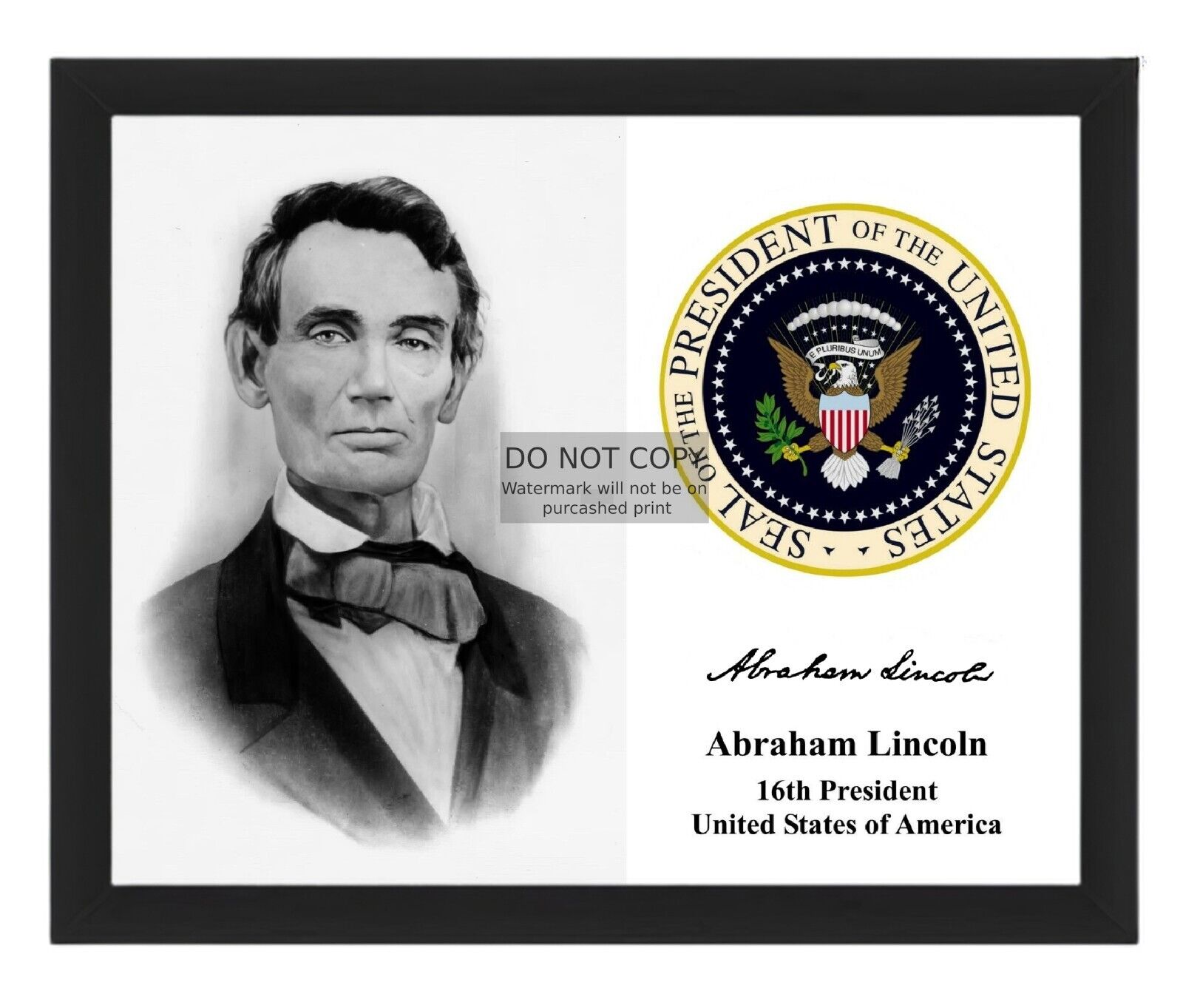 PRESIDENT ABRAHAM LINCOLN BEARDLESS PRESIDENTAIL SEAL 8X10 B&W FRAMED PHOTO