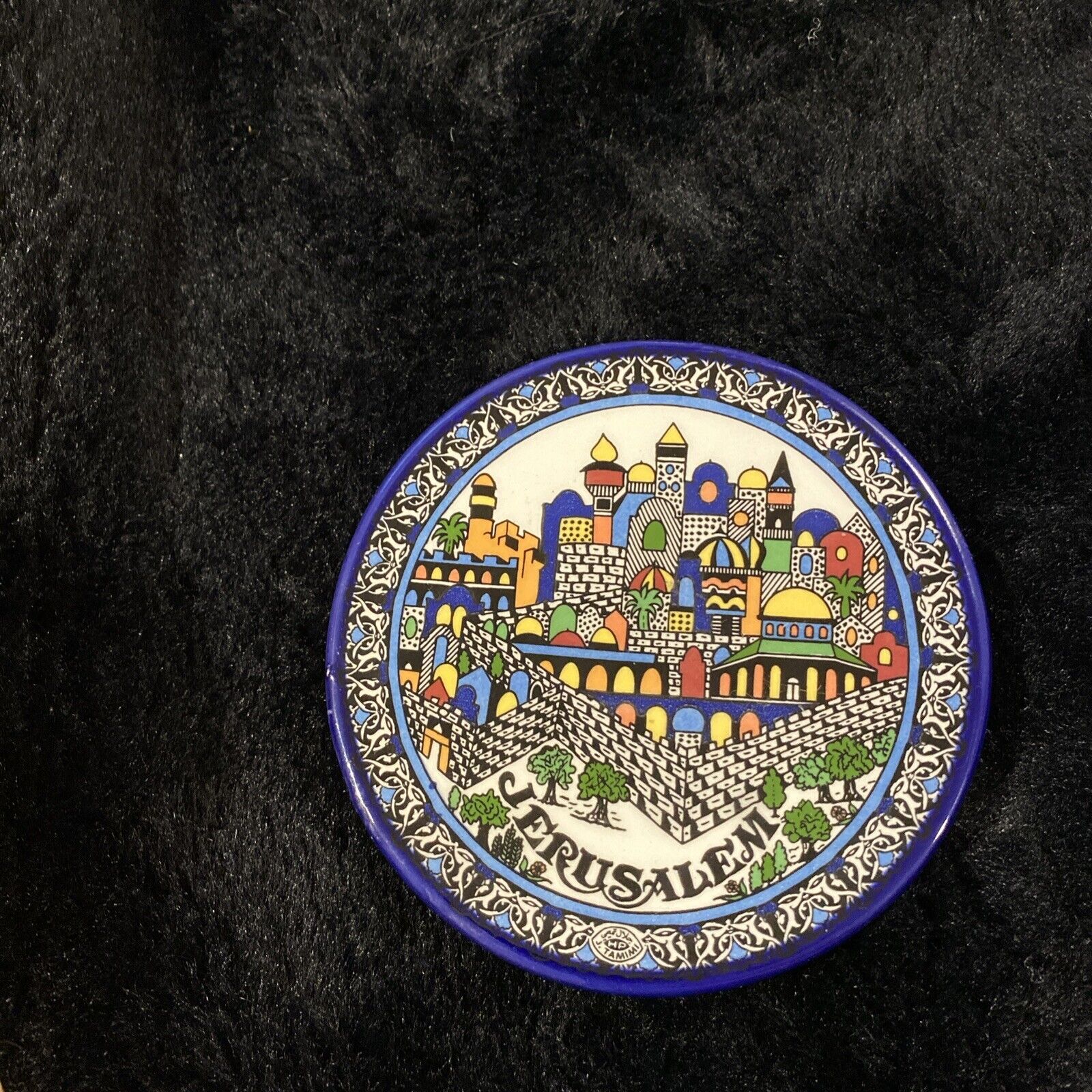 JERUSALEM CITY Hand Painted DECORATIVE PLATE Ceramic WALL DECOR Blue Vintage