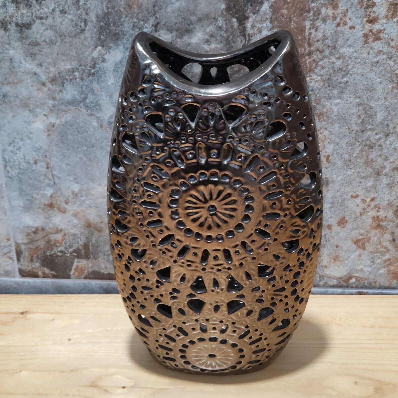 Ceramic Floral Vase Cut Out Pattern Bronze Brown