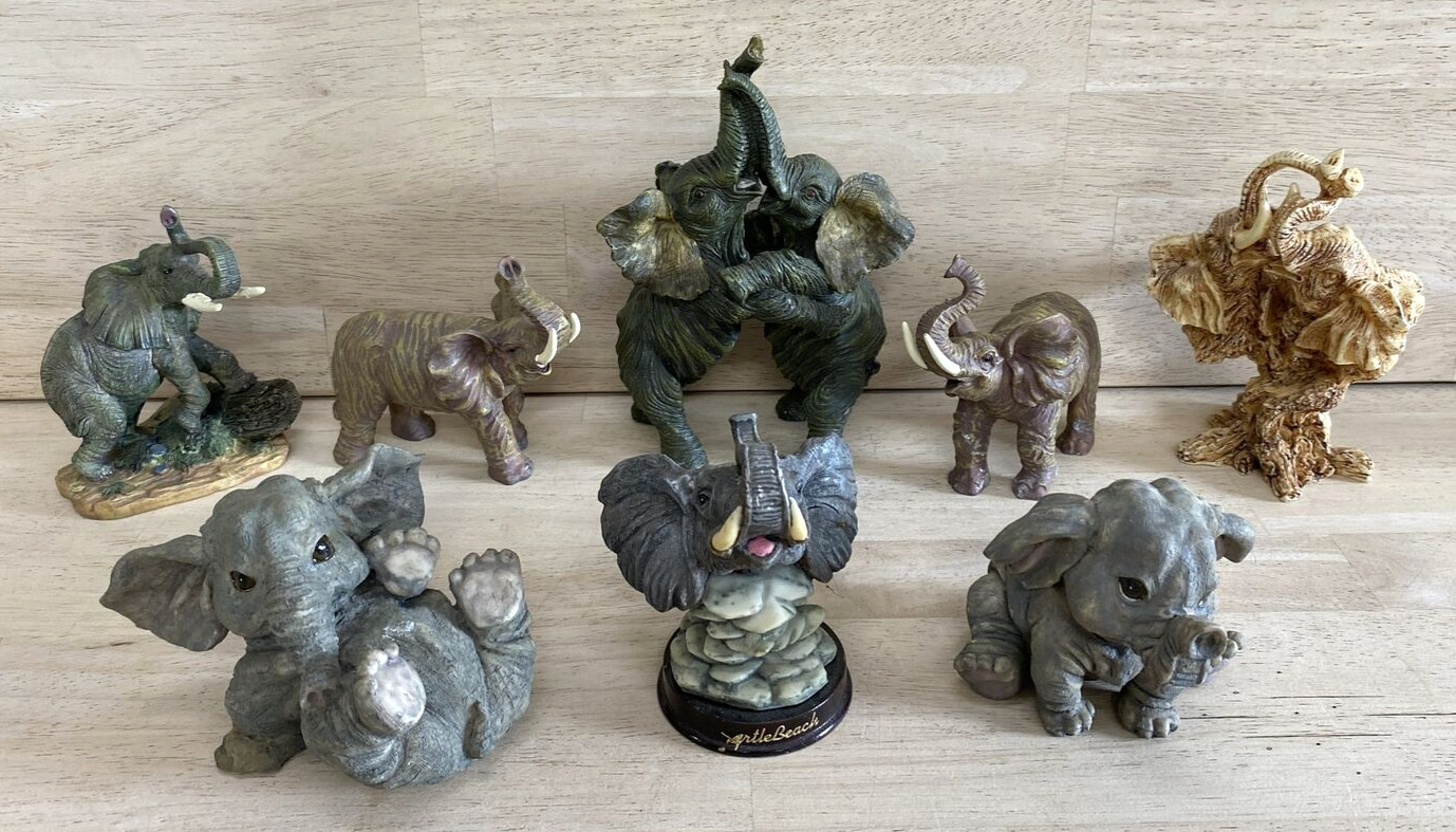 MIXED ELEPHANT STATUES Lot of 8 Resin Vintage Assortment