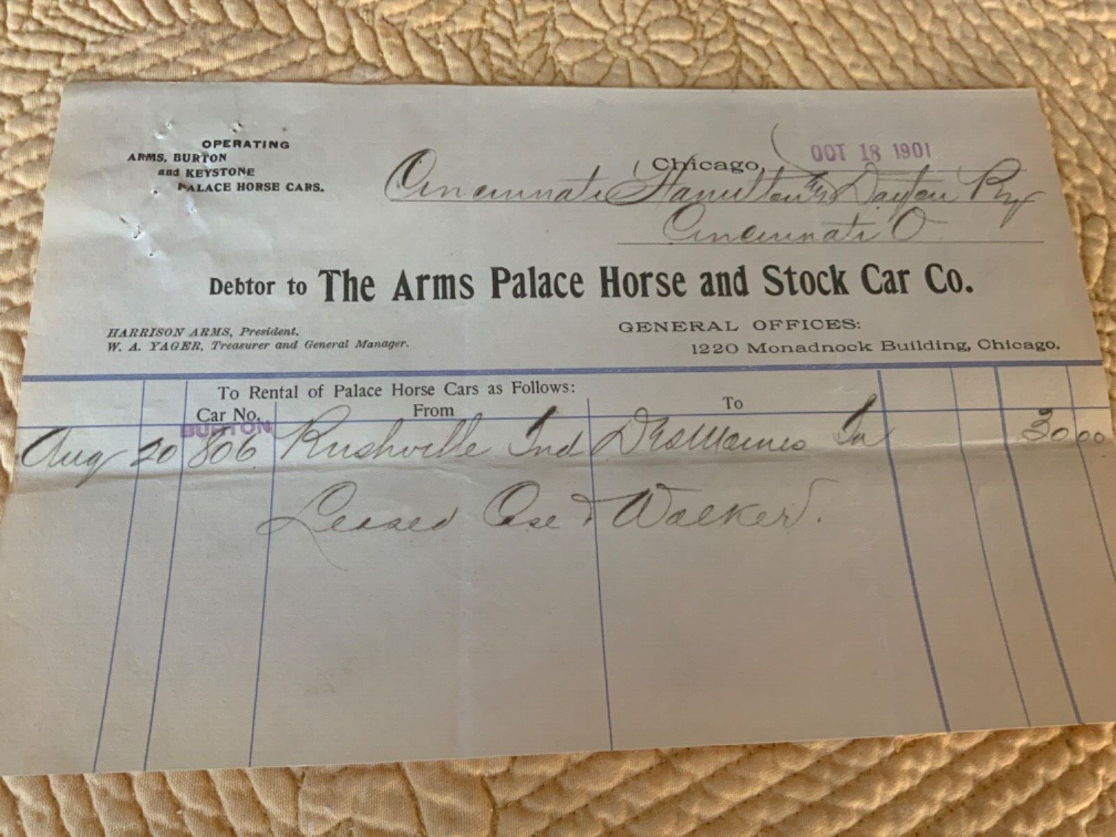 1901 Vintage Arms Palace Horse Car Co Chicago IL Billhead to CincyHamiltonDayton