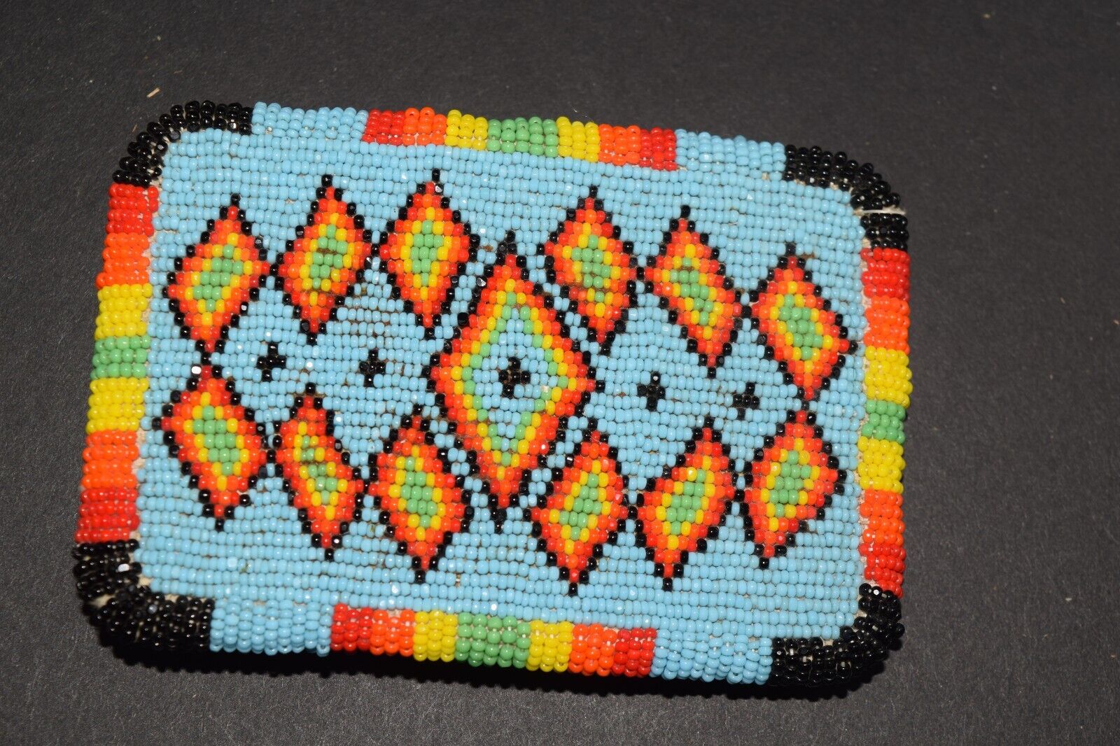 Vintage Native American Navajo Beaded Leather Belt Buckle Geometric Designs