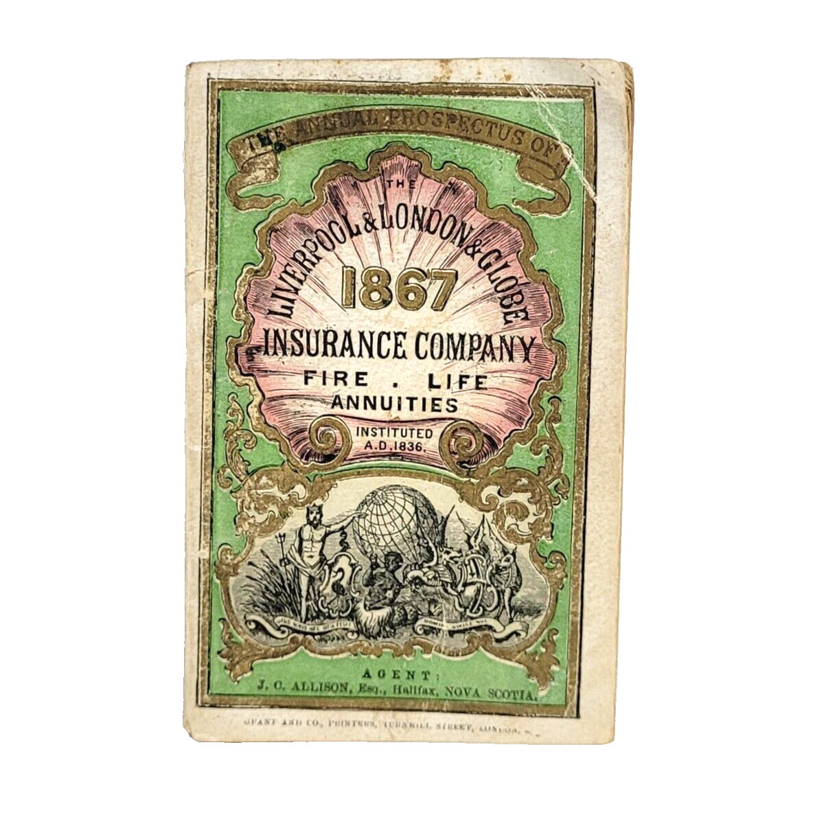 1867 Liverpool London Globe Insurance Annual Prospectus Poseidon Cetus Vignette