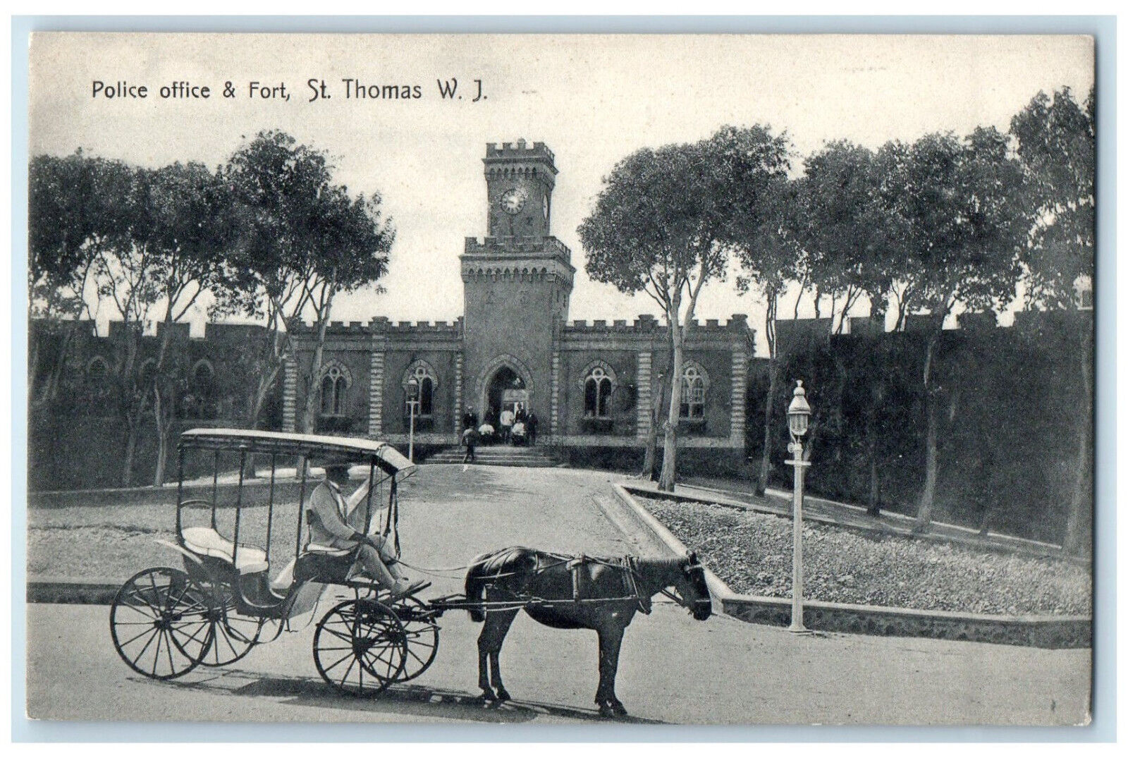 c1910 Police Office & Fort St. Thomas W.I. Horse Carriage Antique Postcard