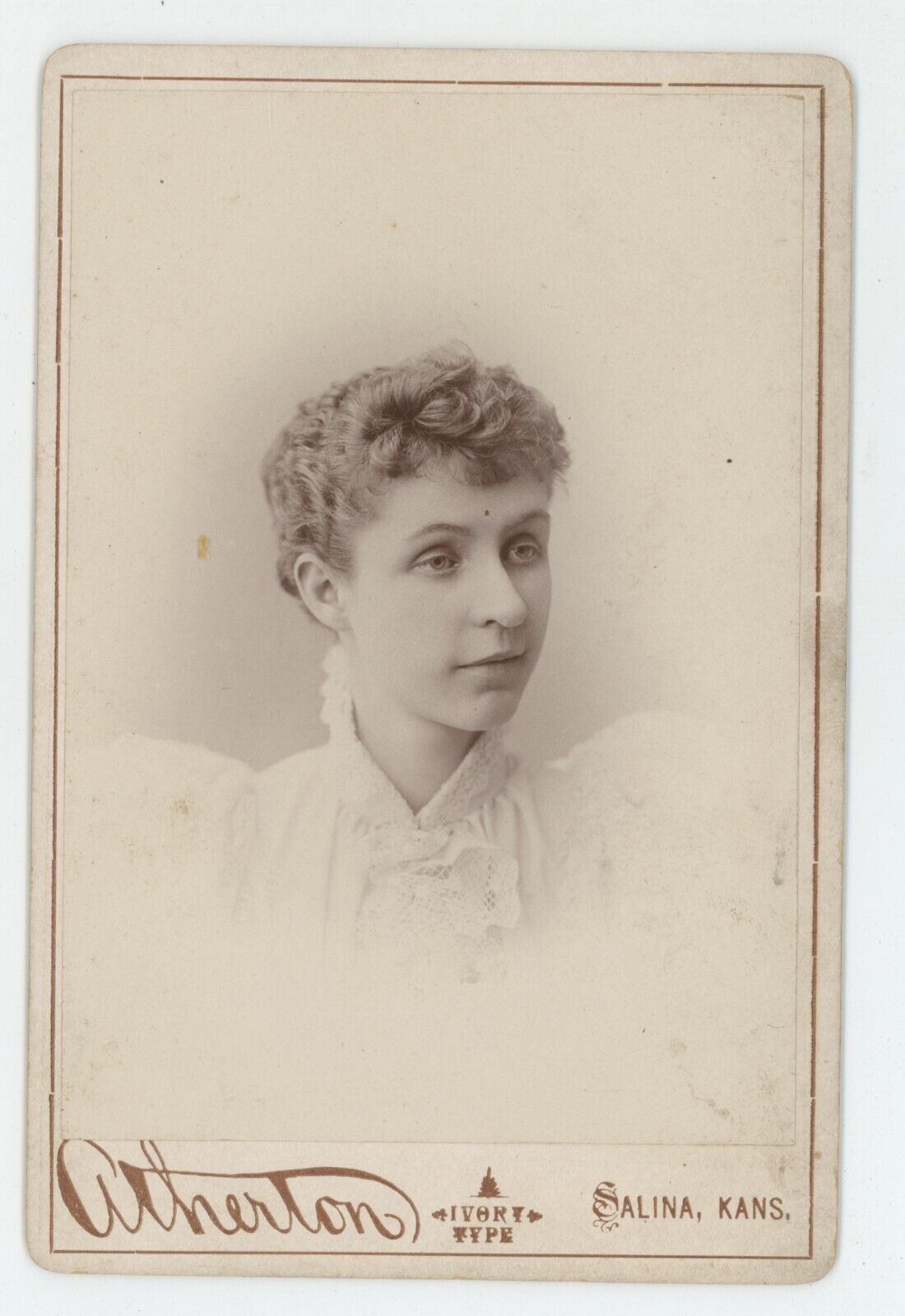 Antique Circa 1880s Cabinet Card Beautiful Young Woman in White Dress Salina, KS