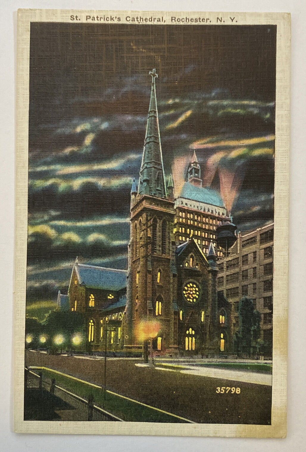 Vintage Postcard, St Patrick\'s Cathedral at Night, Rochester, NY