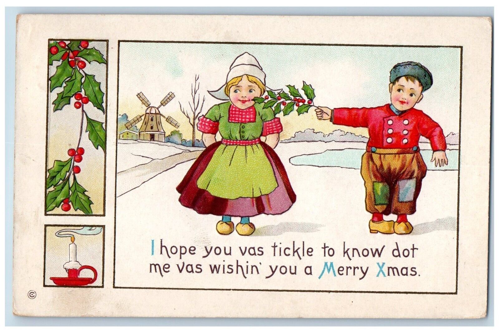 Sheridan OR Postcard Dutch Kids With Holly Berries Windmill Embossed 1913 Posted