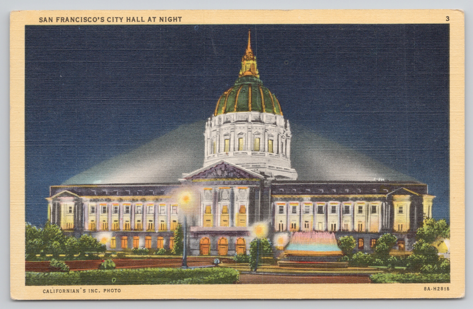 San Francisco California City Hall at Night Linen Postcard